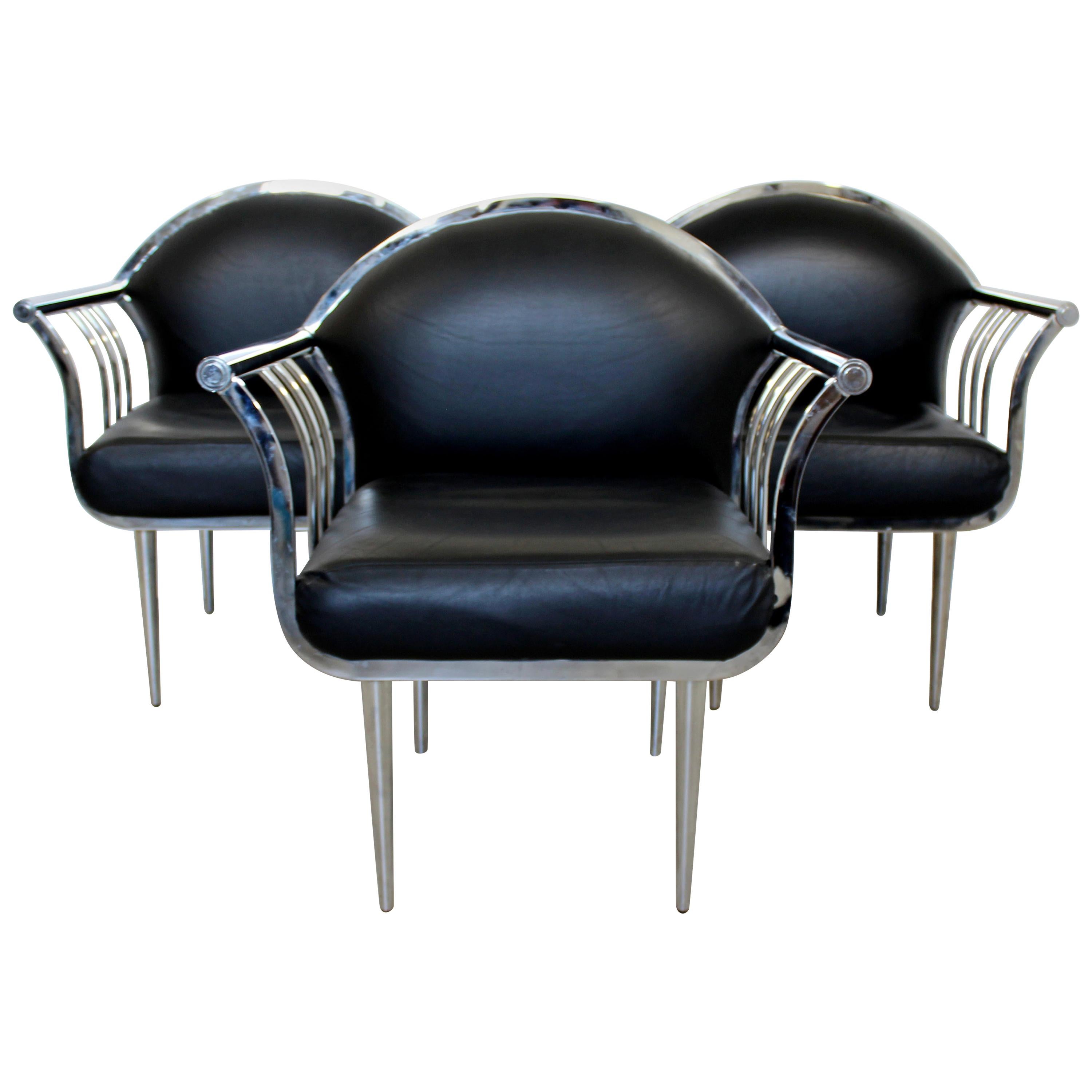 Mid-Century Modern Set of 3 Curved Chrome and Vinyl Accent Lounge Chairs, 1960s