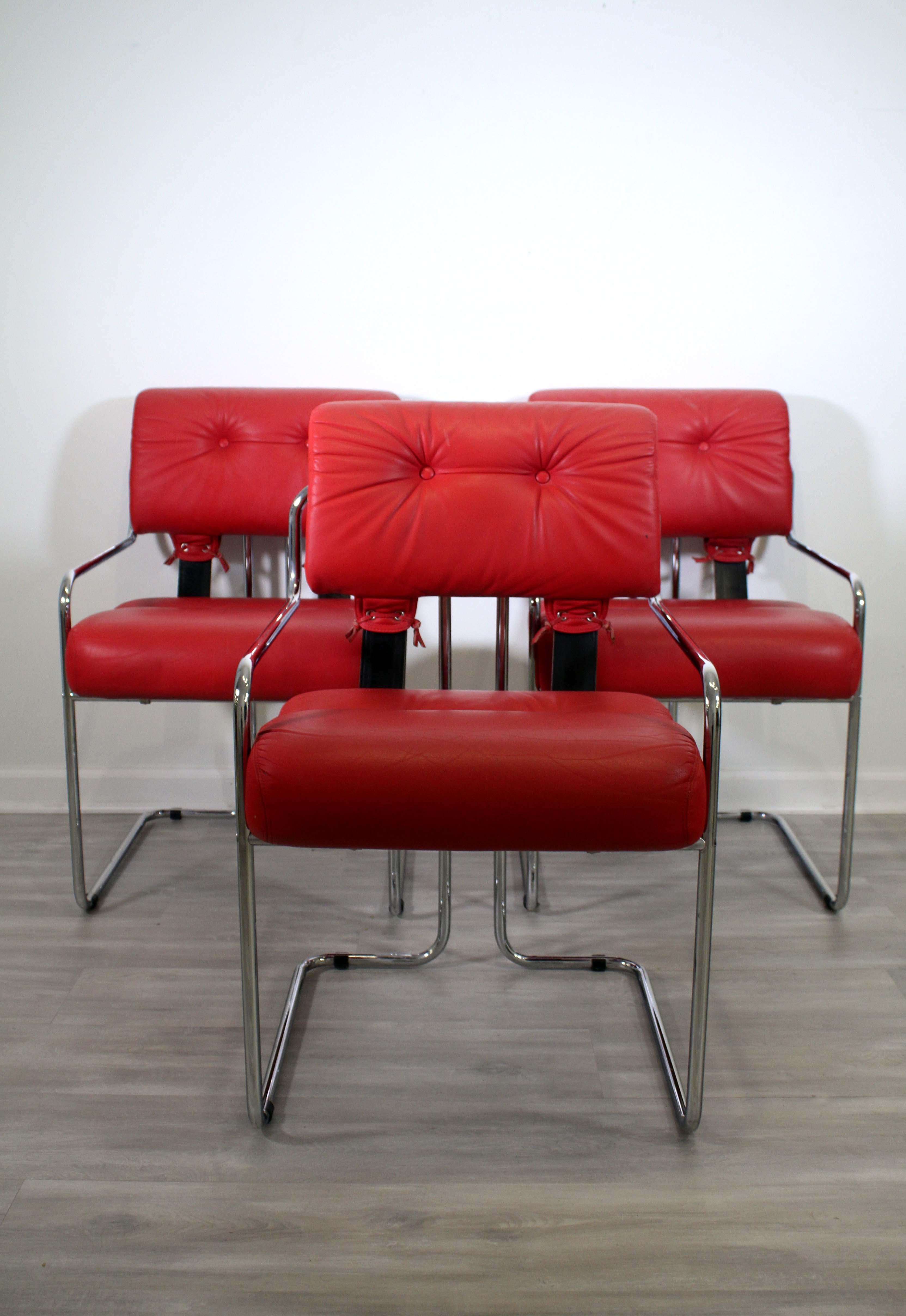 This set of 3 Faleschini for pace tucroma red leather chairs are an elegant and modern seating solution for any living space. Constructed from luxurious red leather, the chairs are designed with a unique curved shape that is both inviting and