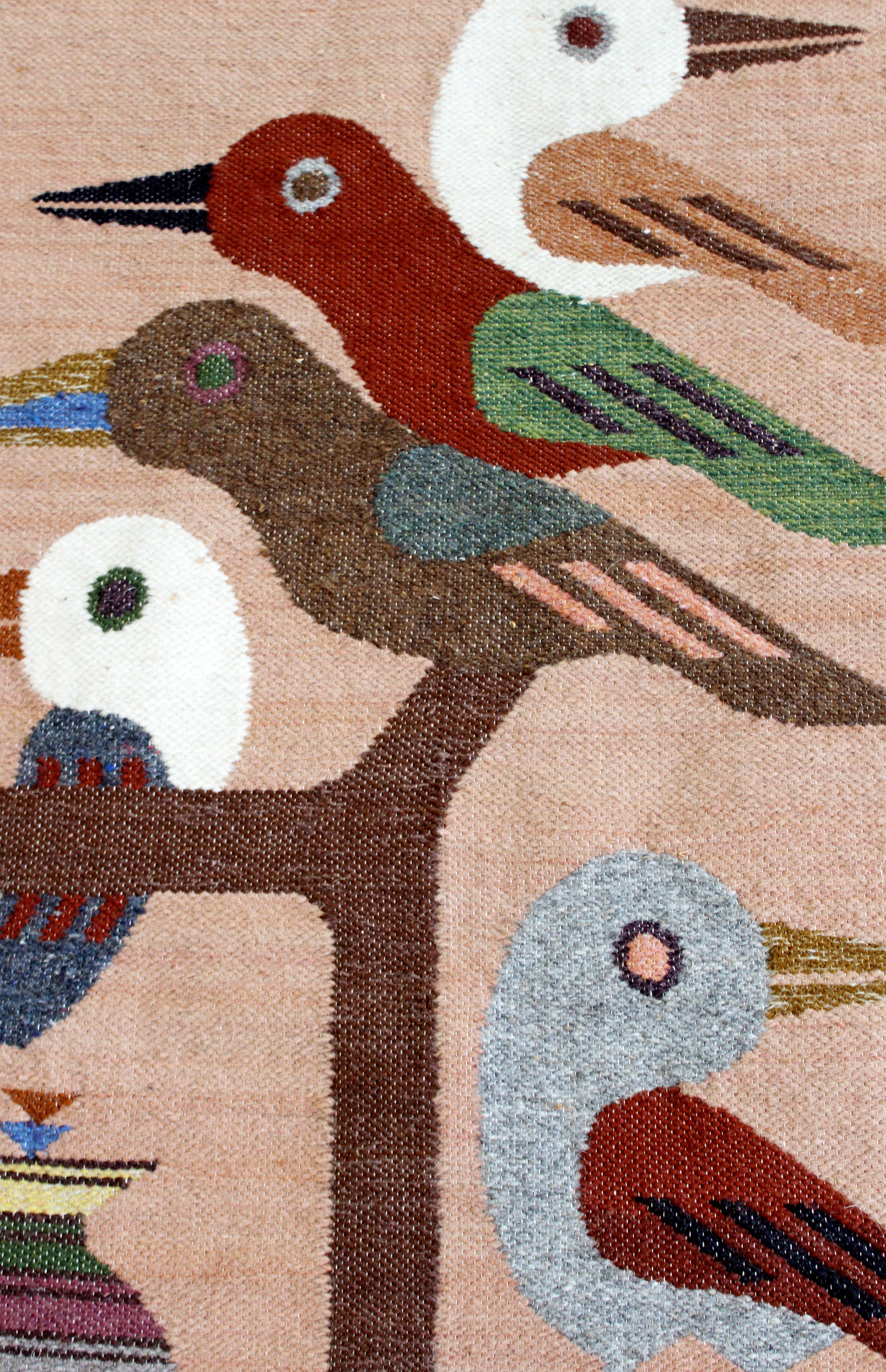 Mid-Century Modern Set of 3 Handwoven Wool Fiber Wall Art 1970s Birds In Good Condition In Keego Harbor, MI