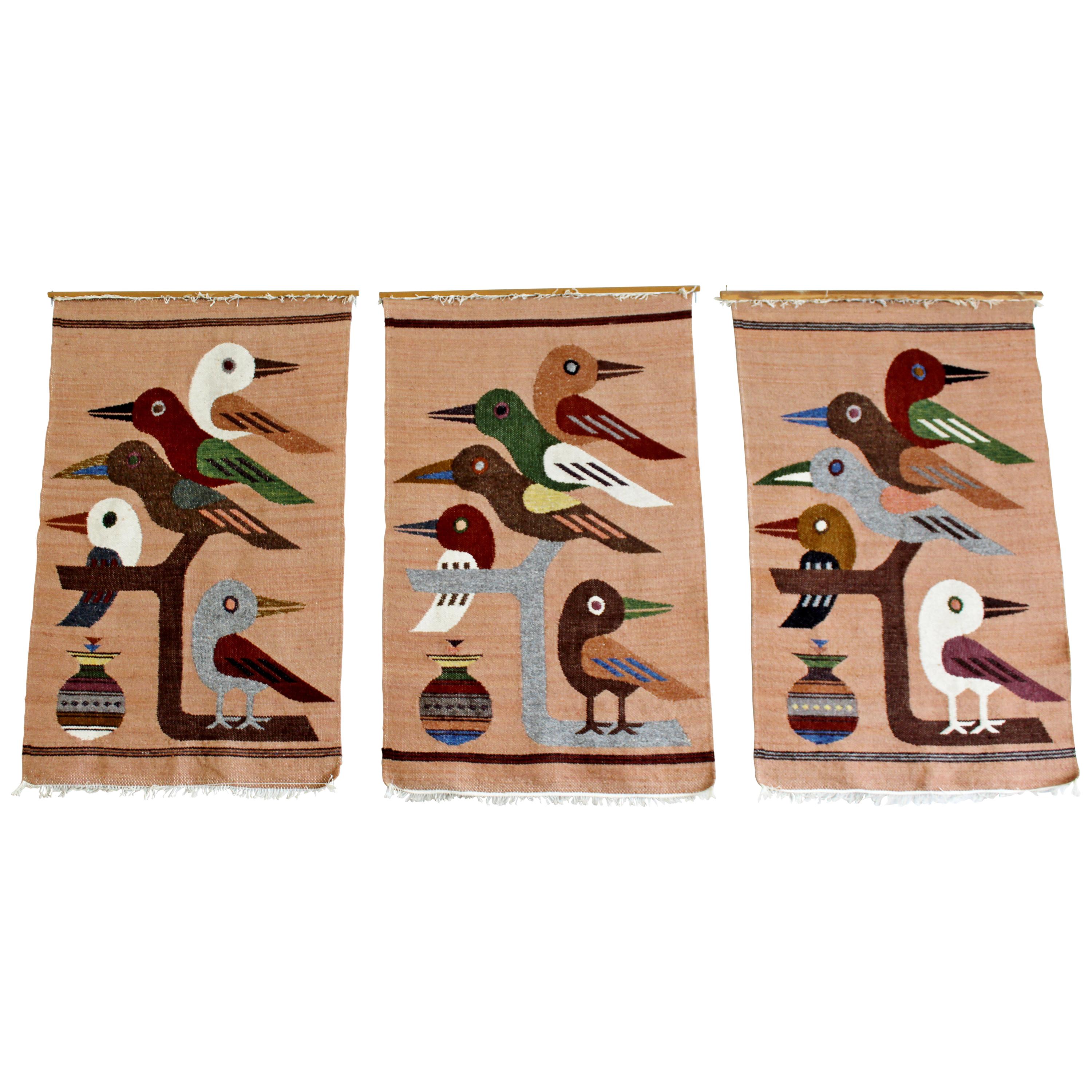 Mid-Century Modern Set of 3 Handwoven Wool Fiber Wall Art 1970s Birds