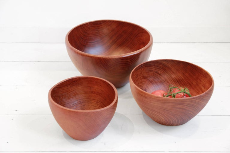 MidCentury Modern Set of Three Large Danish Design Turned Teak Bowls