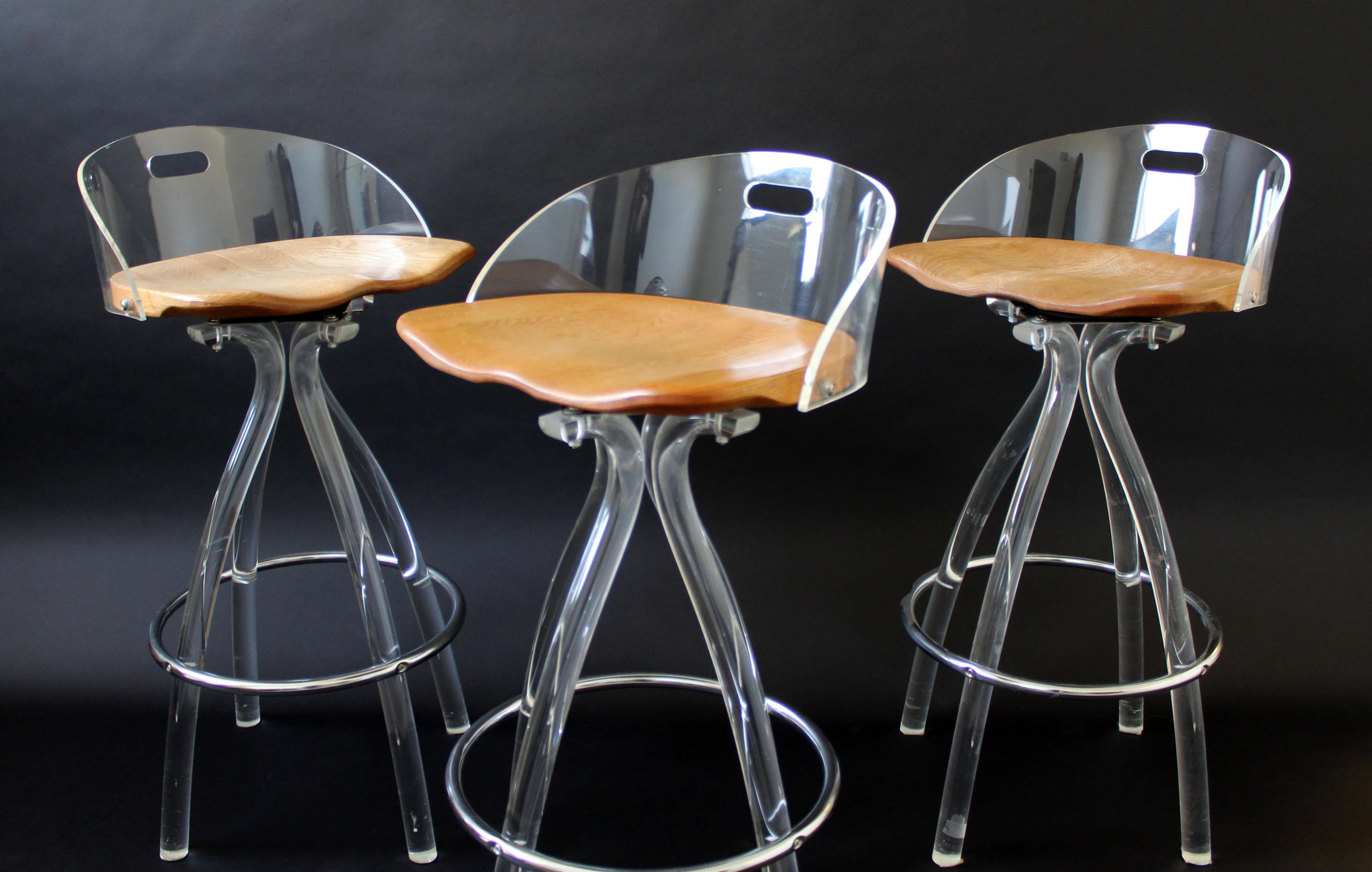 American Mid-Century Modern Set of 3 Lucite Wood Saddle Seat Bar Stools by Hill Mfg 1970s