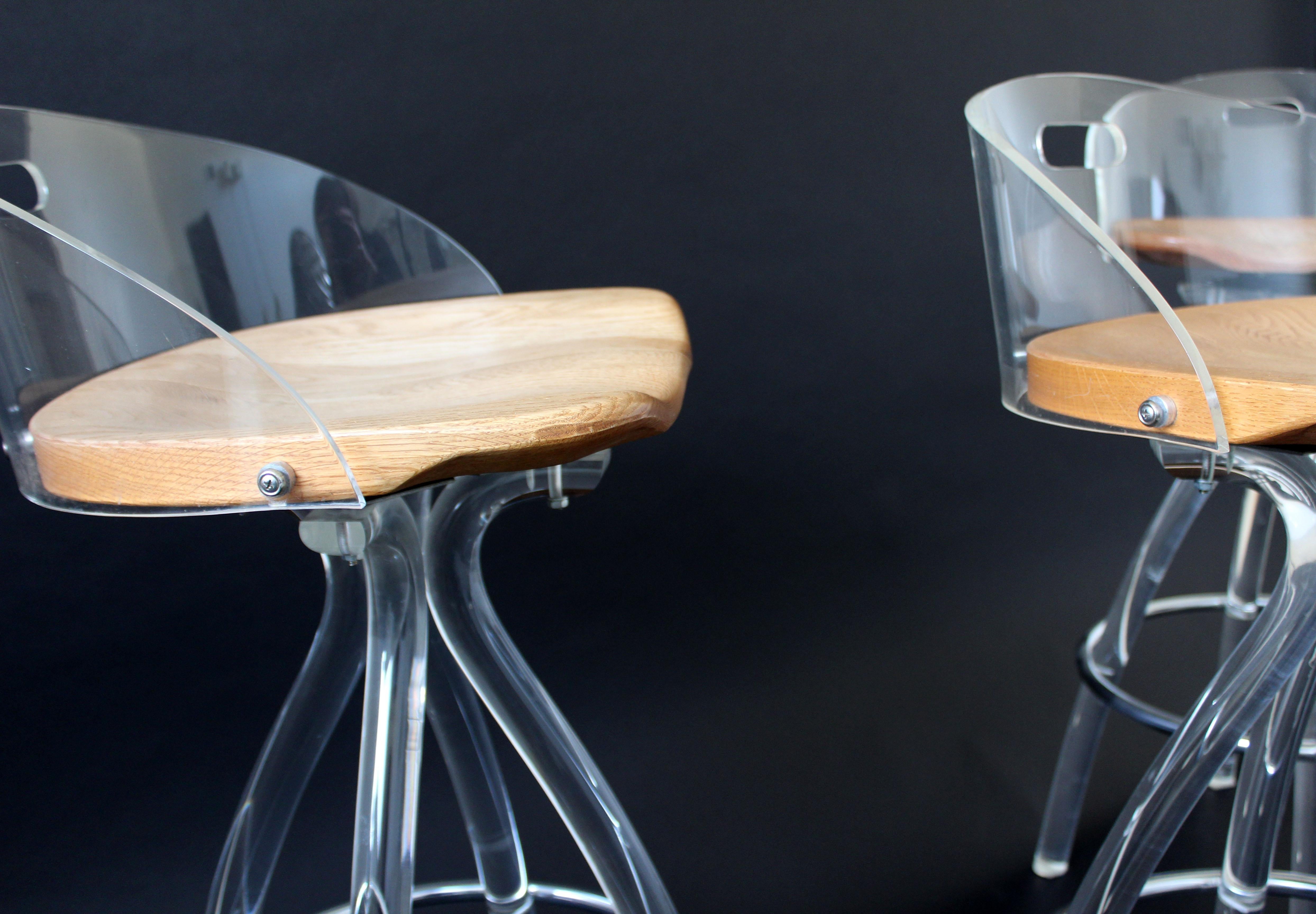 Late 20th Century Mid-Century Modern Set of 3 Lucite Wood Saddle Seat Bar Stools by Hill Mfg 1970s