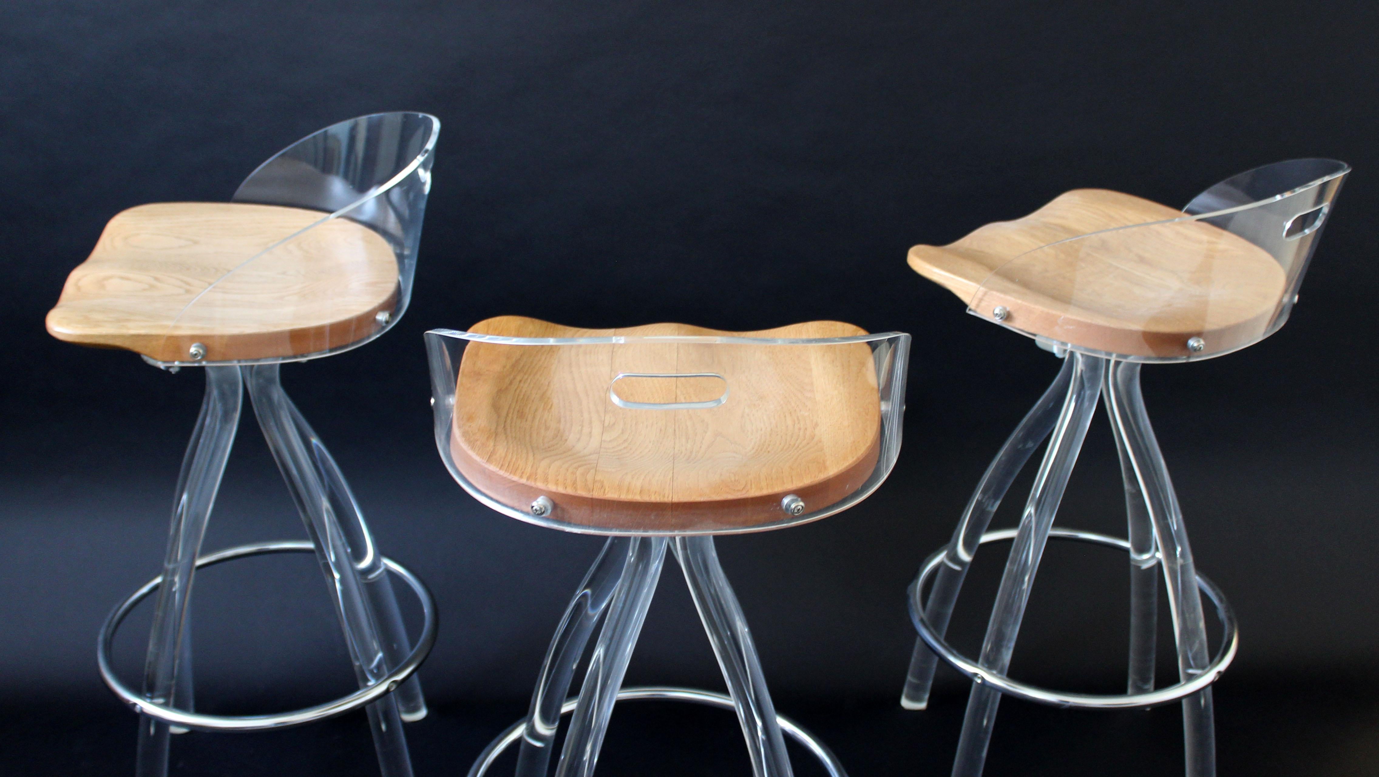 Mid-Century Modern Set of 3 Lucite Wood Saddle Seat Bar Stools by Hill Mfg 1970s 1