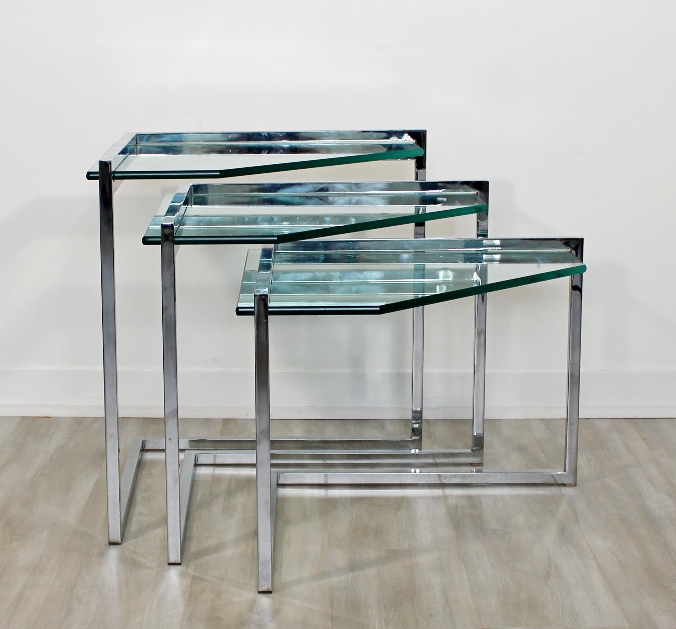 American Mid-Century Modern Set of 3 Nesting Side Tables Cantilever Chrome & Glass, 1970s