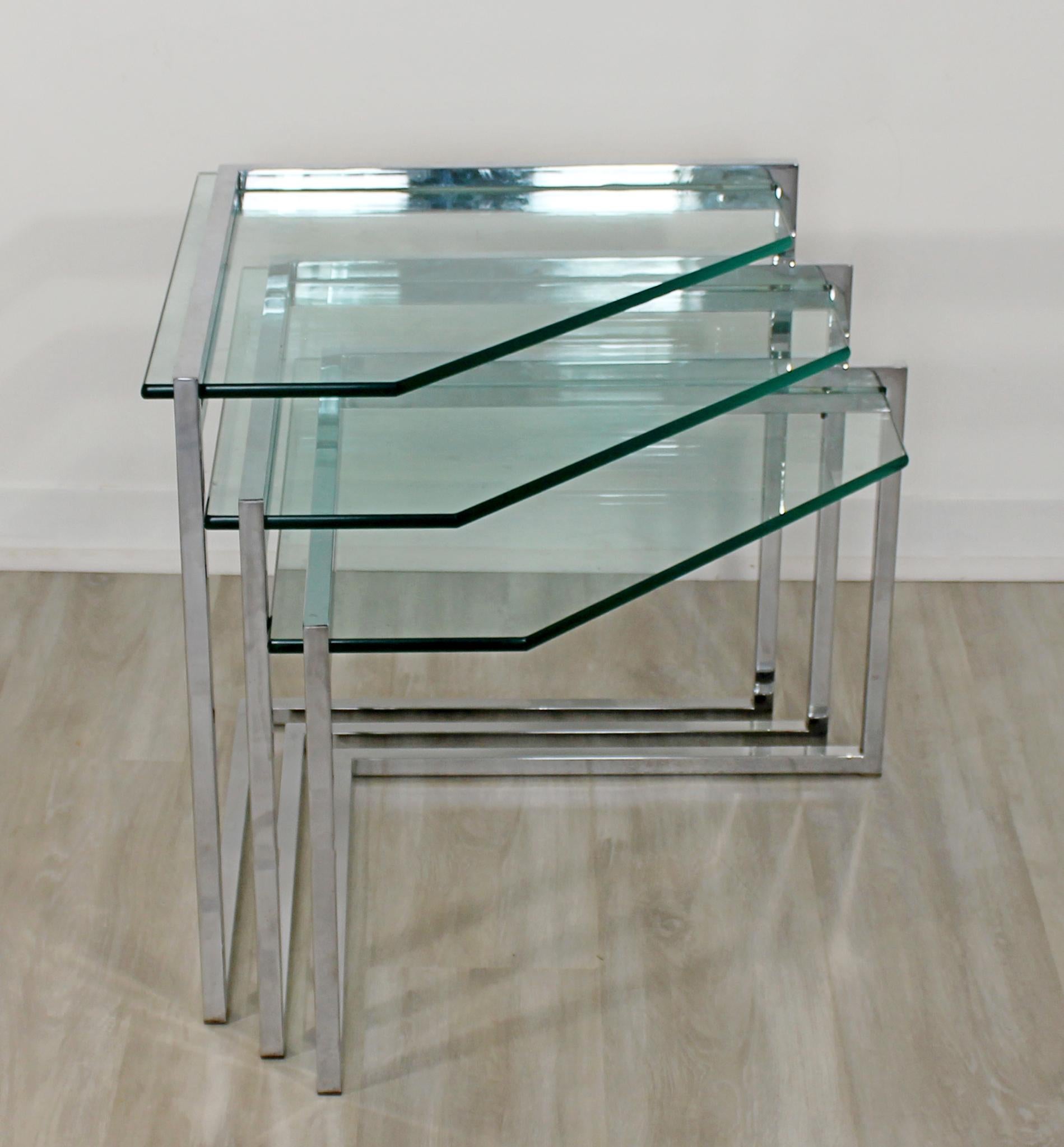 Mid-Century Modern Set of 3 Nesting Side Tables Cantilever Chrome & Glass, 1970s 1