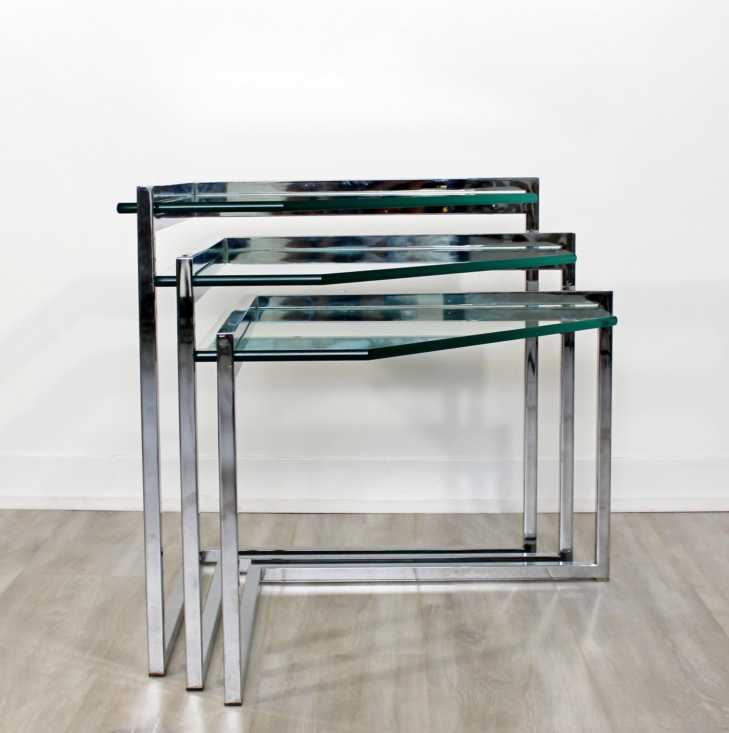 Mid-Century Modern Set of 3 Nesting Side Tables Cantilever Chrome & Glass, 1970s 2
