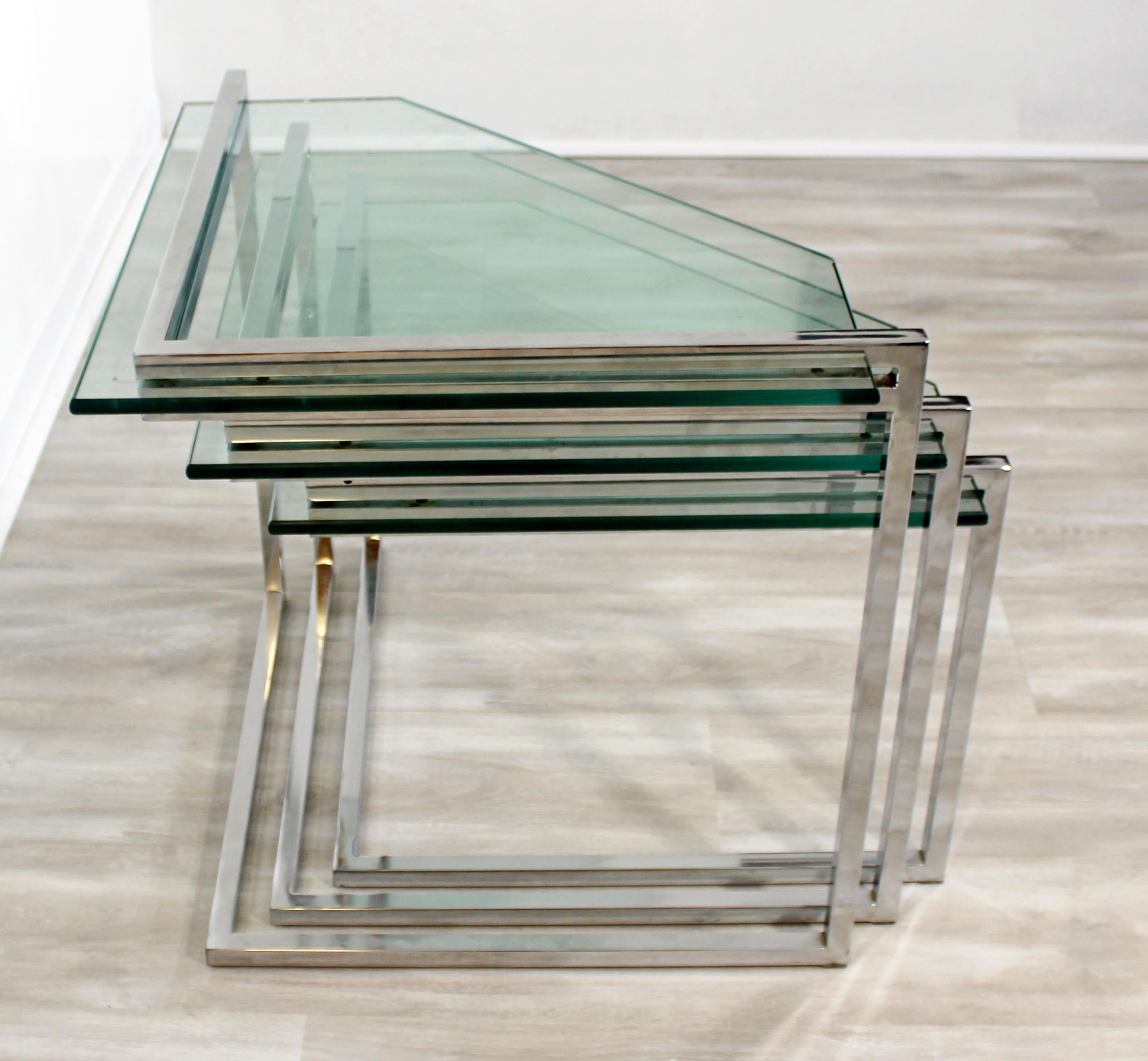 Mid-Century Modern Set of 3 Nesting Side Tables Cantilever Chrome & Glass, 1970s 4