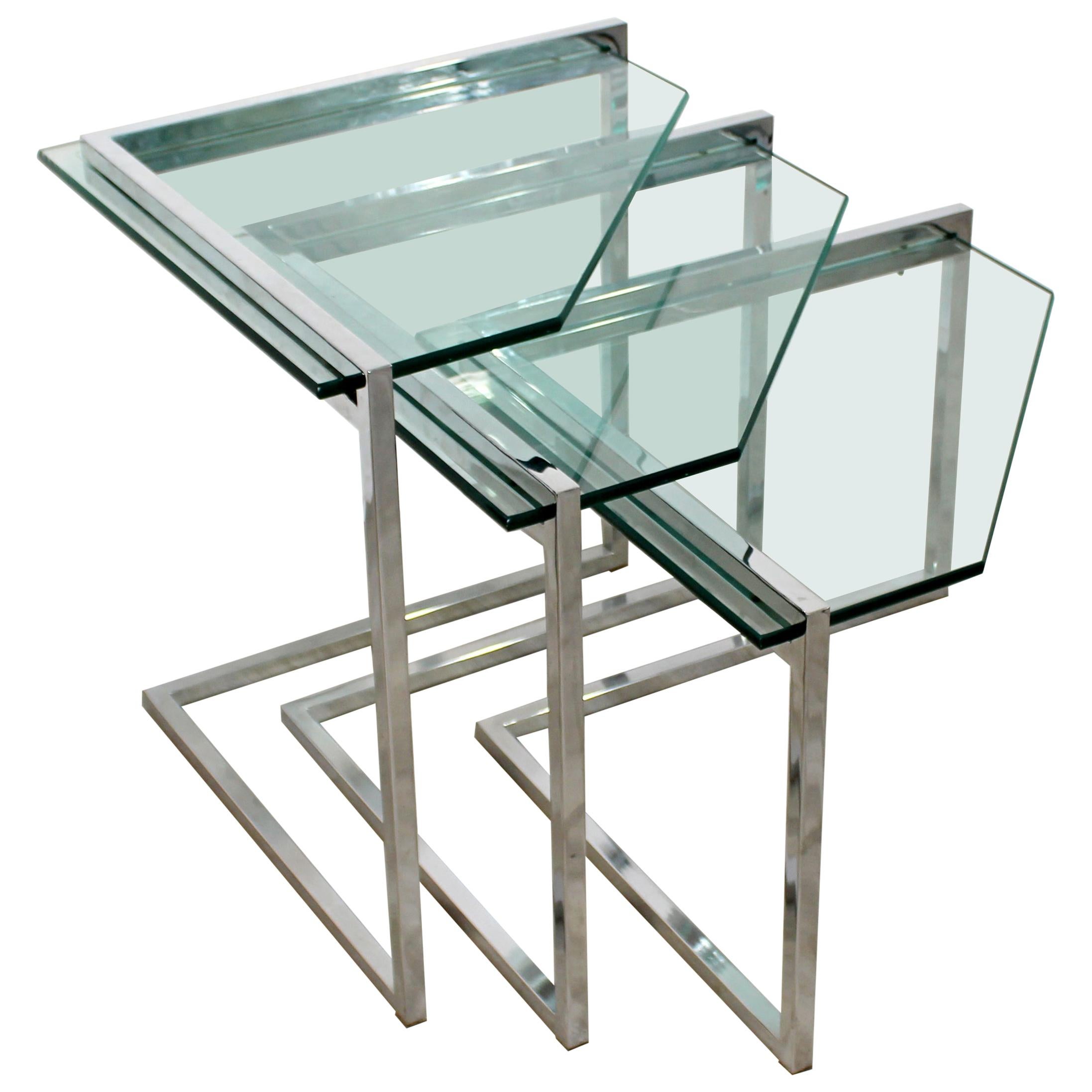 Mid-Century Modern Set of 3 Nesting Side Tables Cantilever Chrome & Glass, 1970s