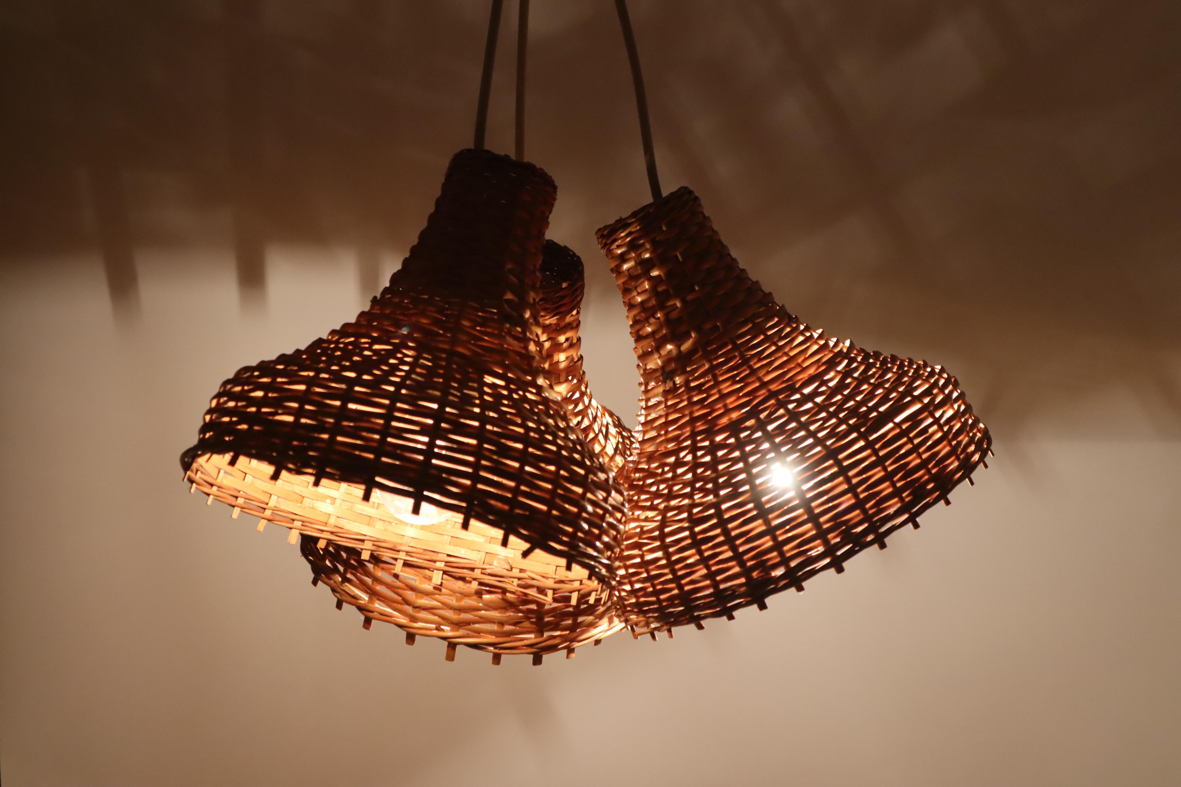 Fatto a mano Set di 3 lampade a sospensione in rattan, Germania, 1960 in vendita