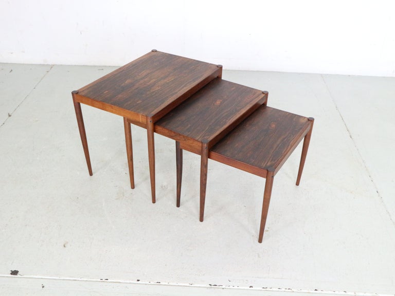 Danish Mid-Century Modern Set of 3 Rosewood Nesting Tables, 1960s, Denmark For Sale