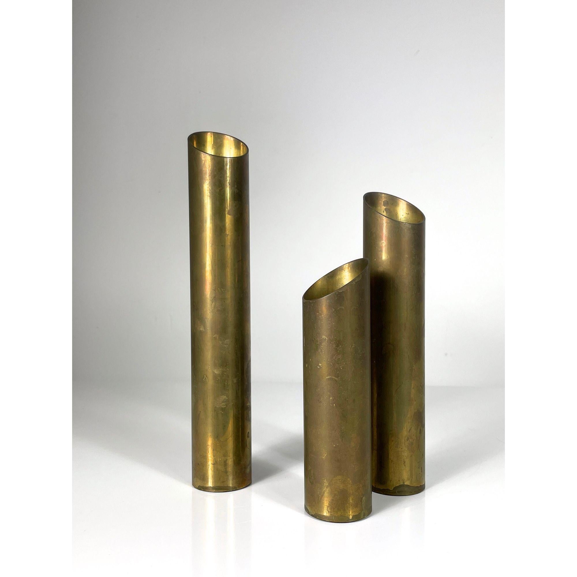 XX secolo Set di 3 candelieri a cilindro d'epoca in ottone del Mid Century Modern, circa 1960 in vendita