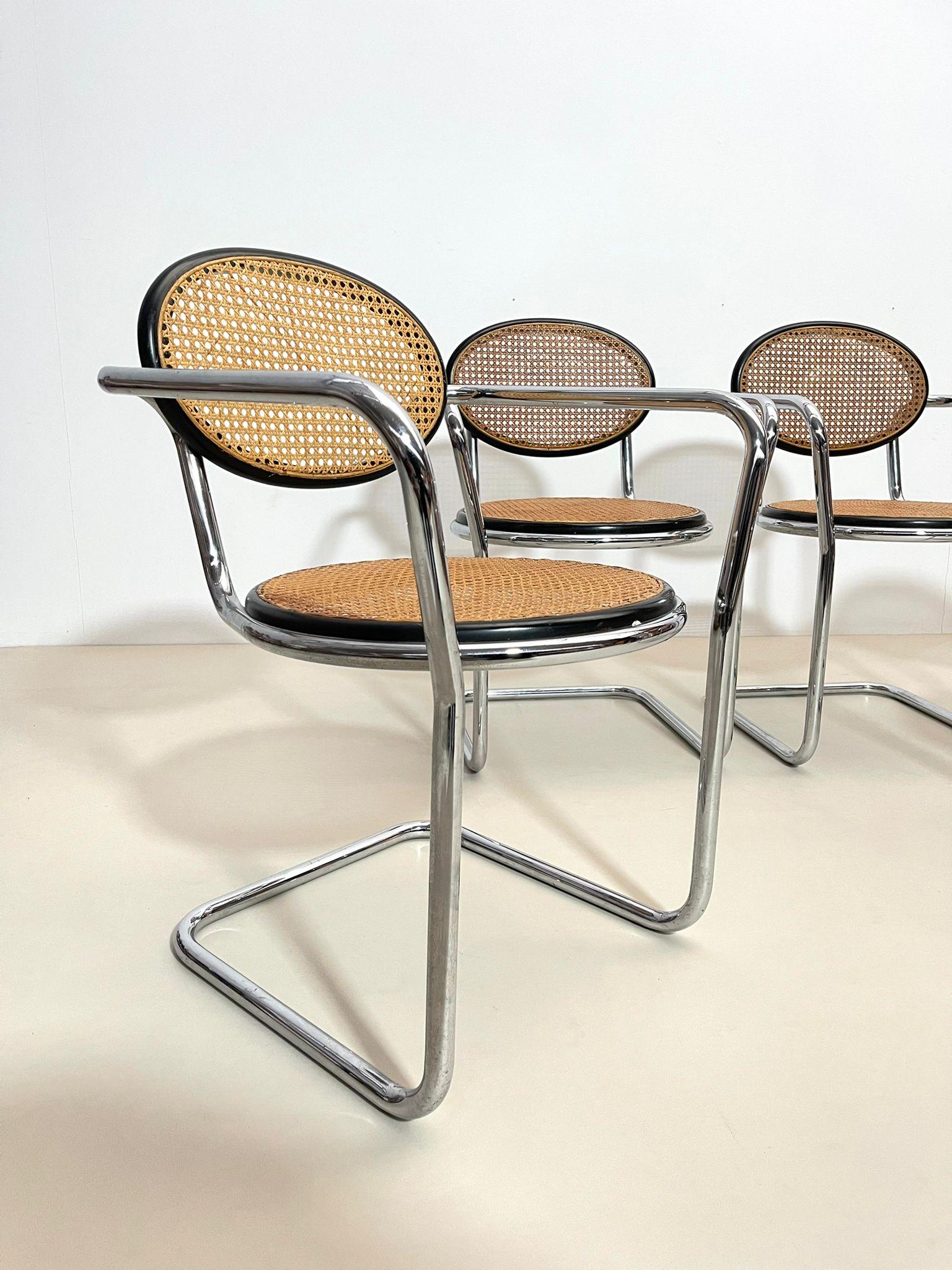 Mid-Century Modern set of 4 armchairs Marcel Breuer style, cane and chrome, 1970s.