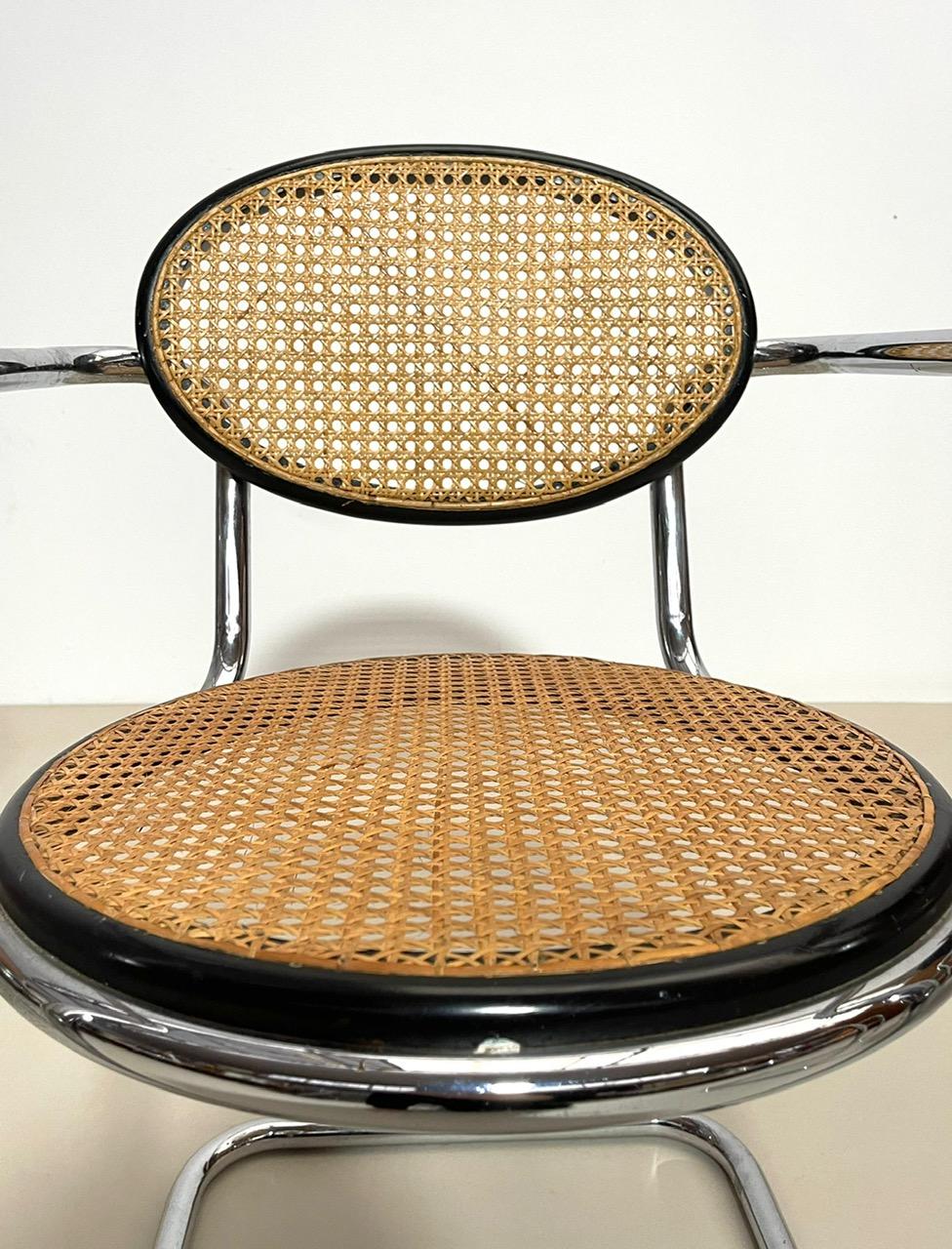 Italian Mid-Century Modern Set of 4 Armchairs Marcel Breuer Style, Cane and Chrome 