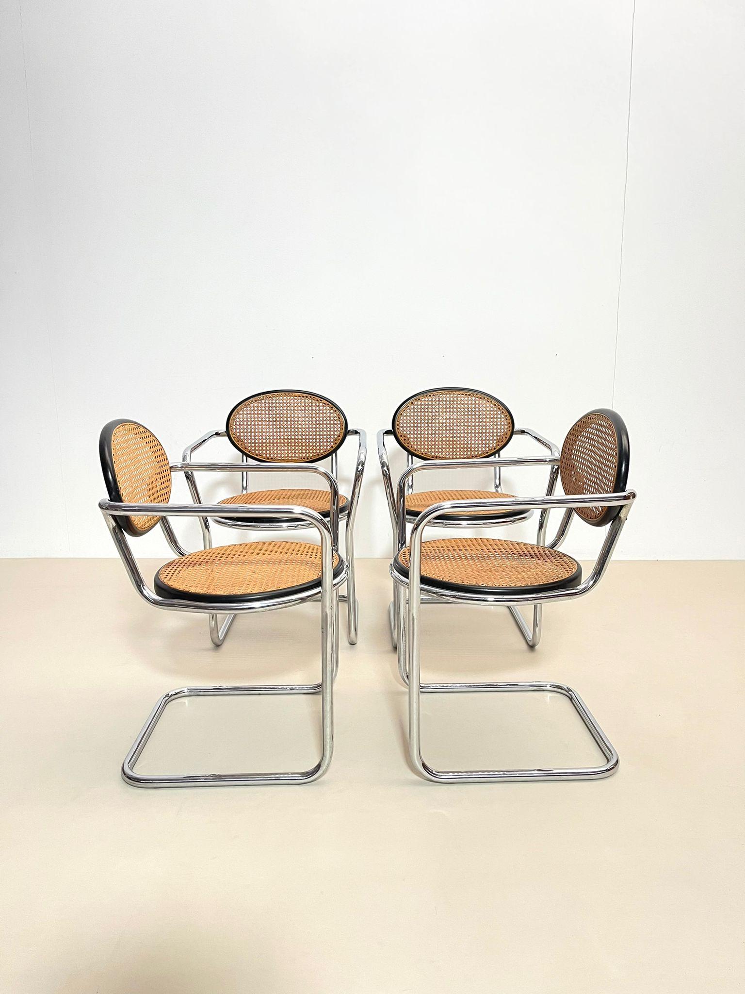 Late 20th Century Mid-Century Modern Set of 4 Armchairs Marcel Breuer Style, Cane and Chrome 
