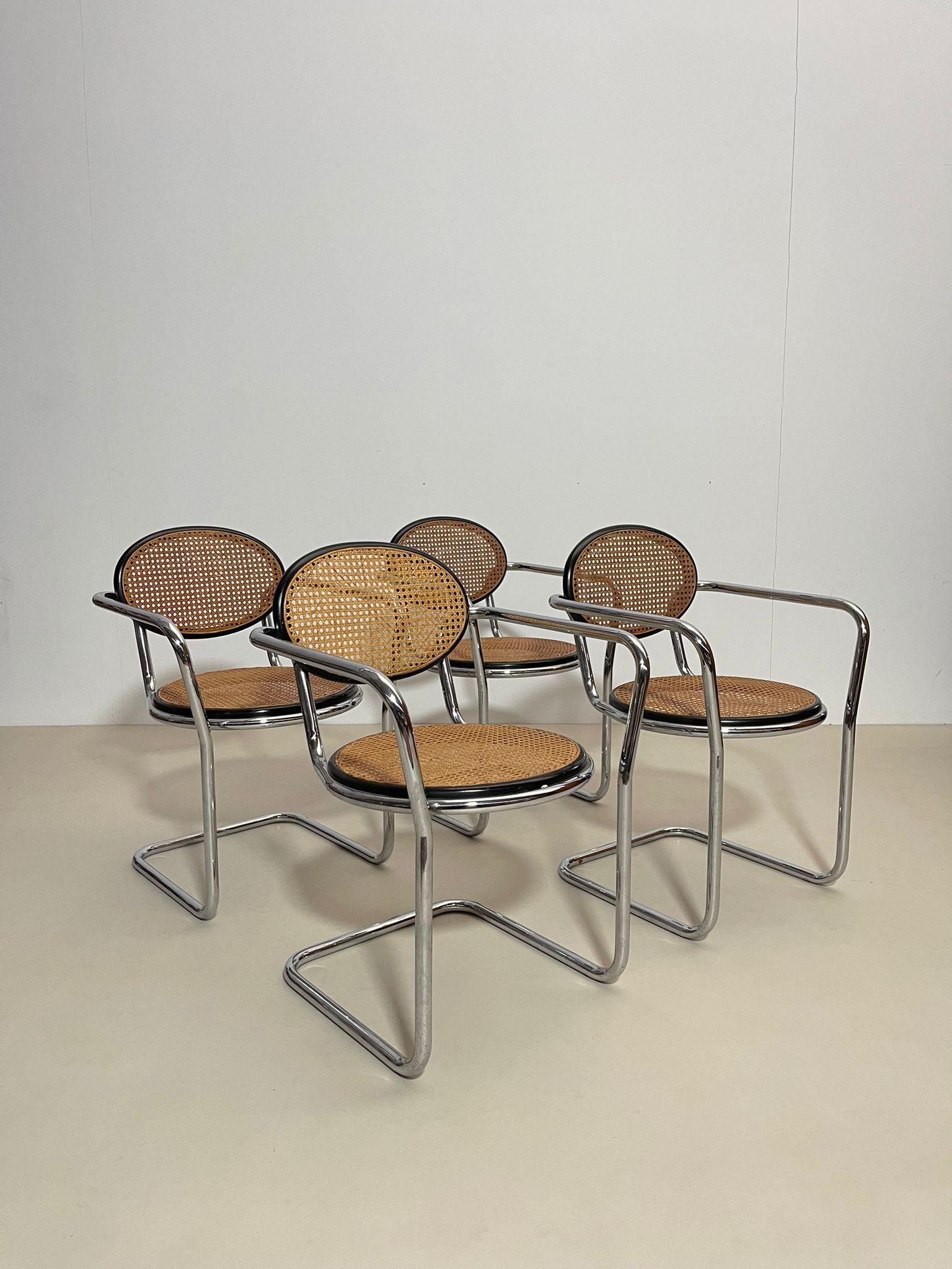 Mid-Century Modern Set of 4 Armchairs Marcel Breuer Style, Cane and Chrome  2