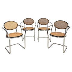 Mid-Century Modern Set of 4 Armchairs Marcel Breuer Style, Cane and Chrome 