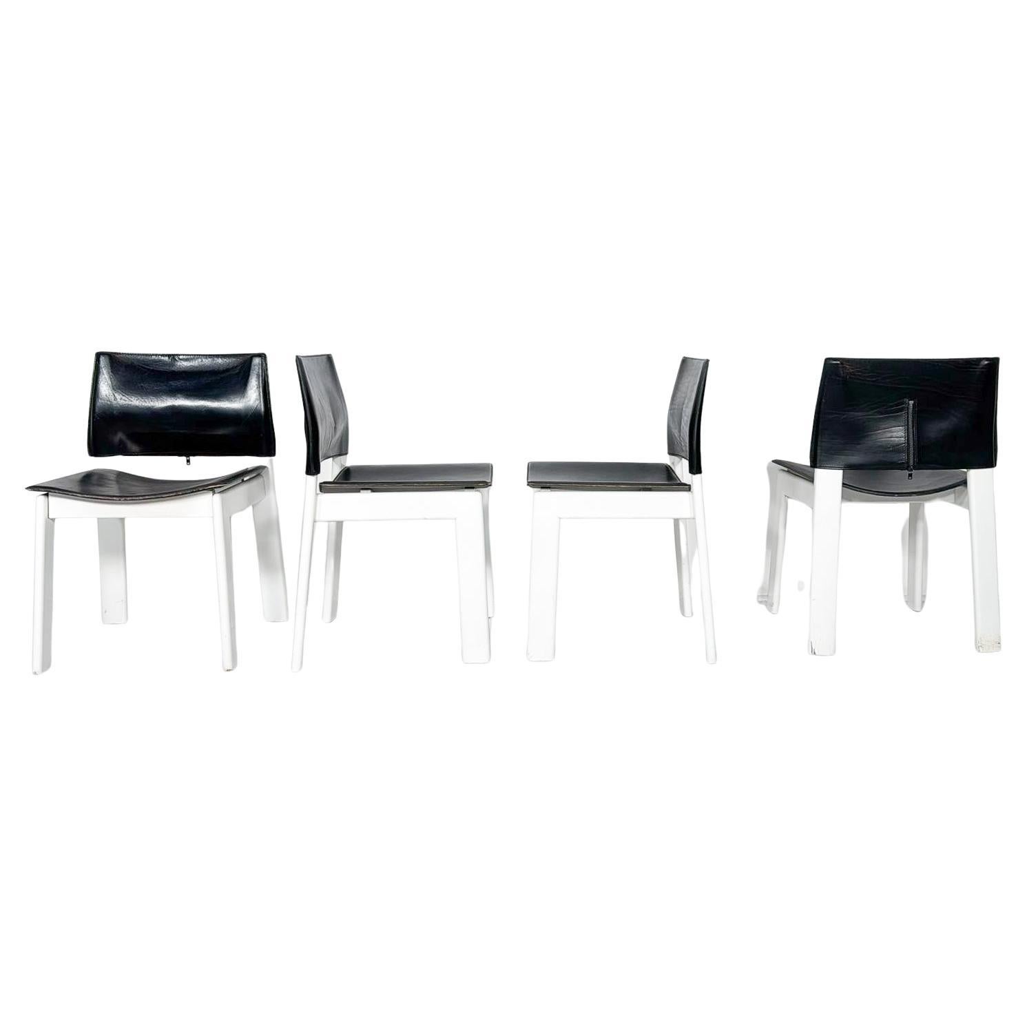 Mid-Century Modern Set of 4 Armchairs, Wood and Leather, Italy, 1970s