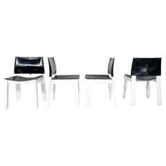 Mid-Century Modern Set of 4 Armchairs, Wood and Leather, Italy, 1970s