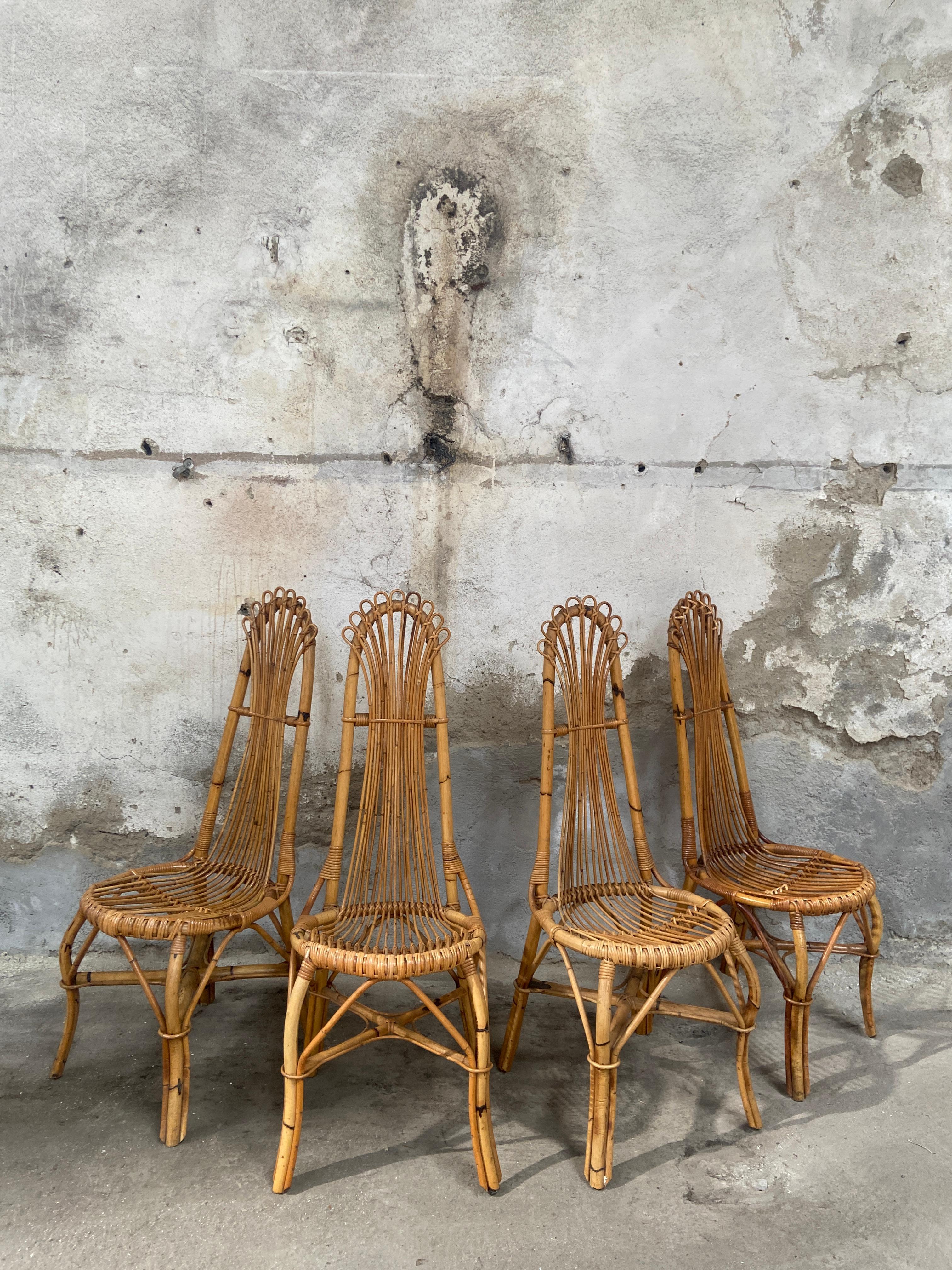 Mid-Century Modern Set of 4 Bamboo Chairs from the French Riviera, 1970s In Good Condition In Prato, IT