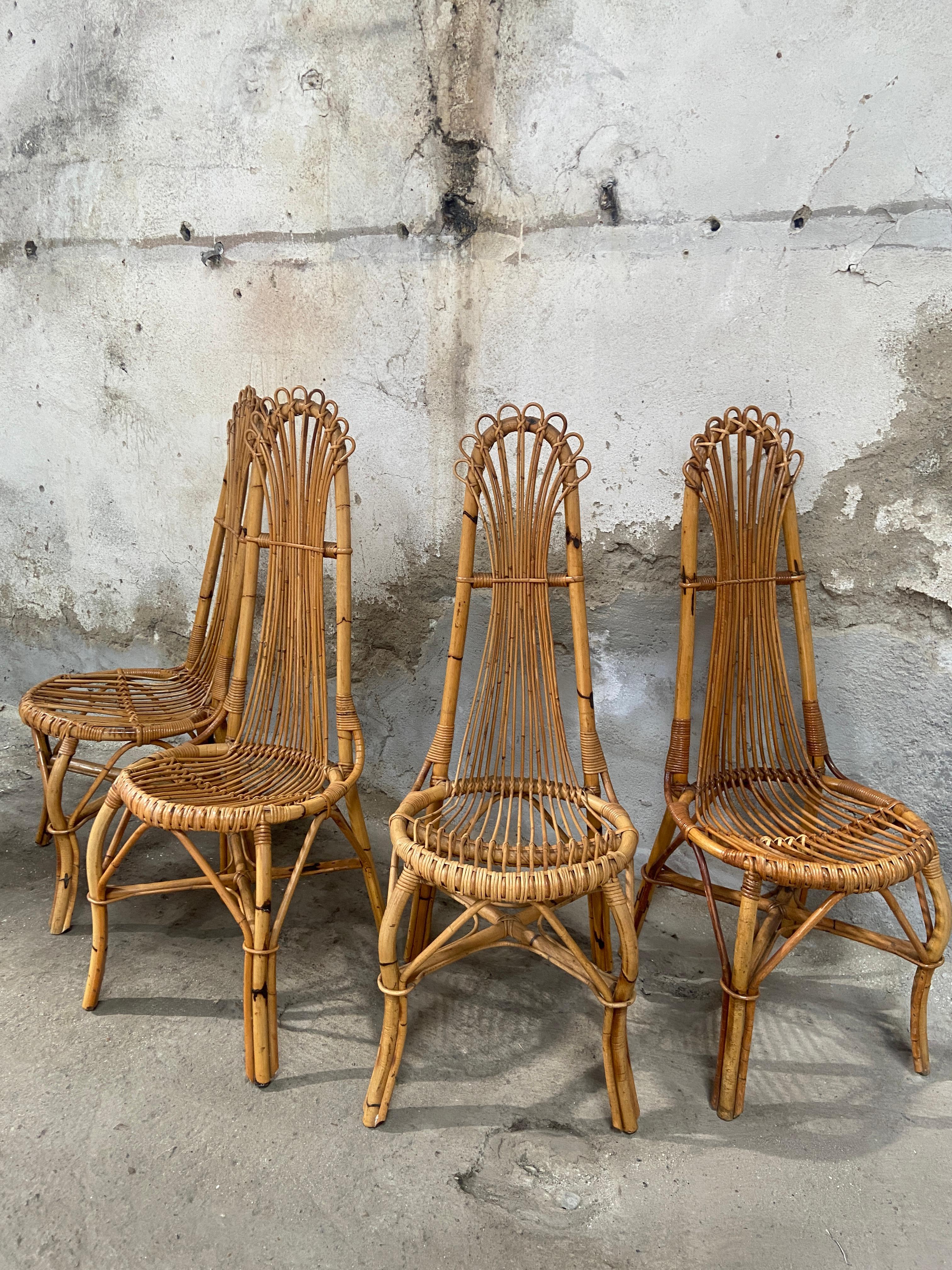 Français Ensemble de 4 chaises en bambou de style mi-siècle moderne provenant de la Côte d'Azur, années 1970
