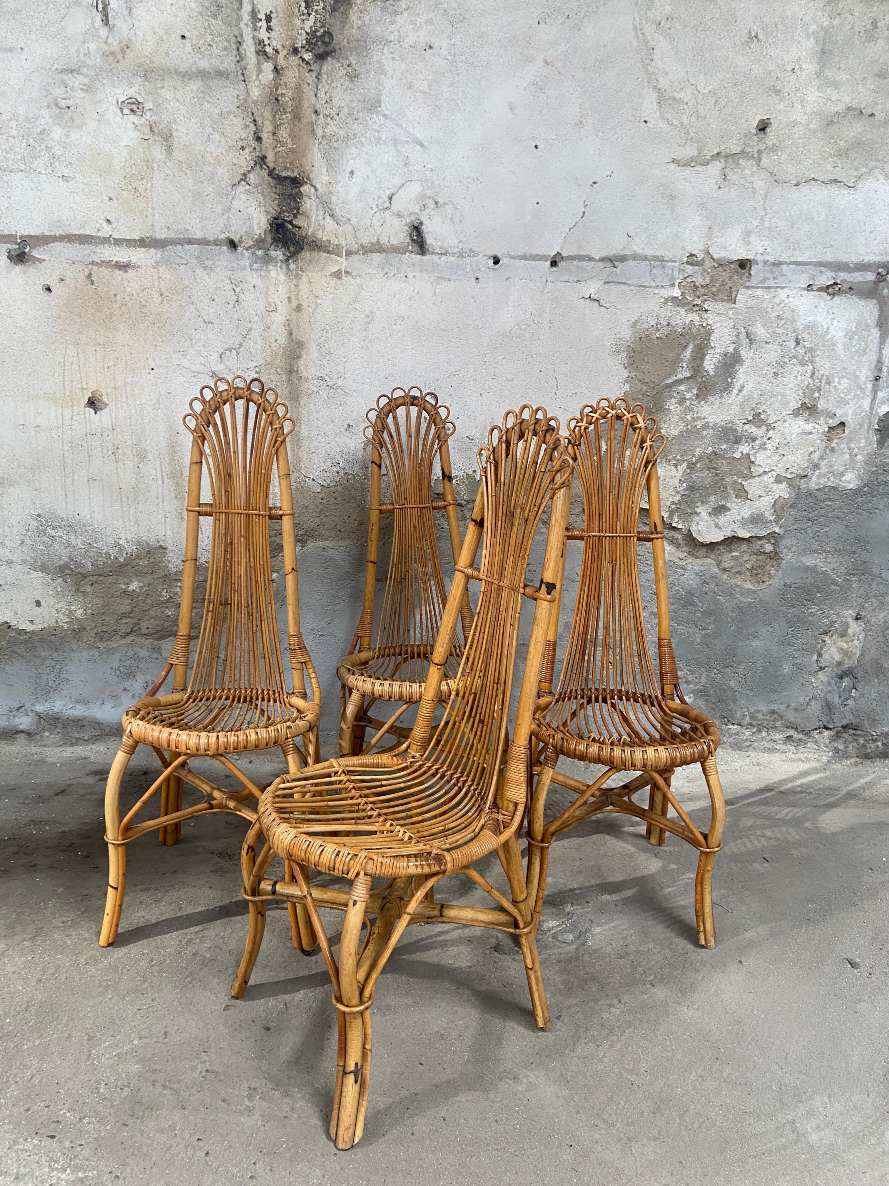 Mid-Century Modern Set of 4 Bamboo Chairs from the French Riviera, 1970s 1