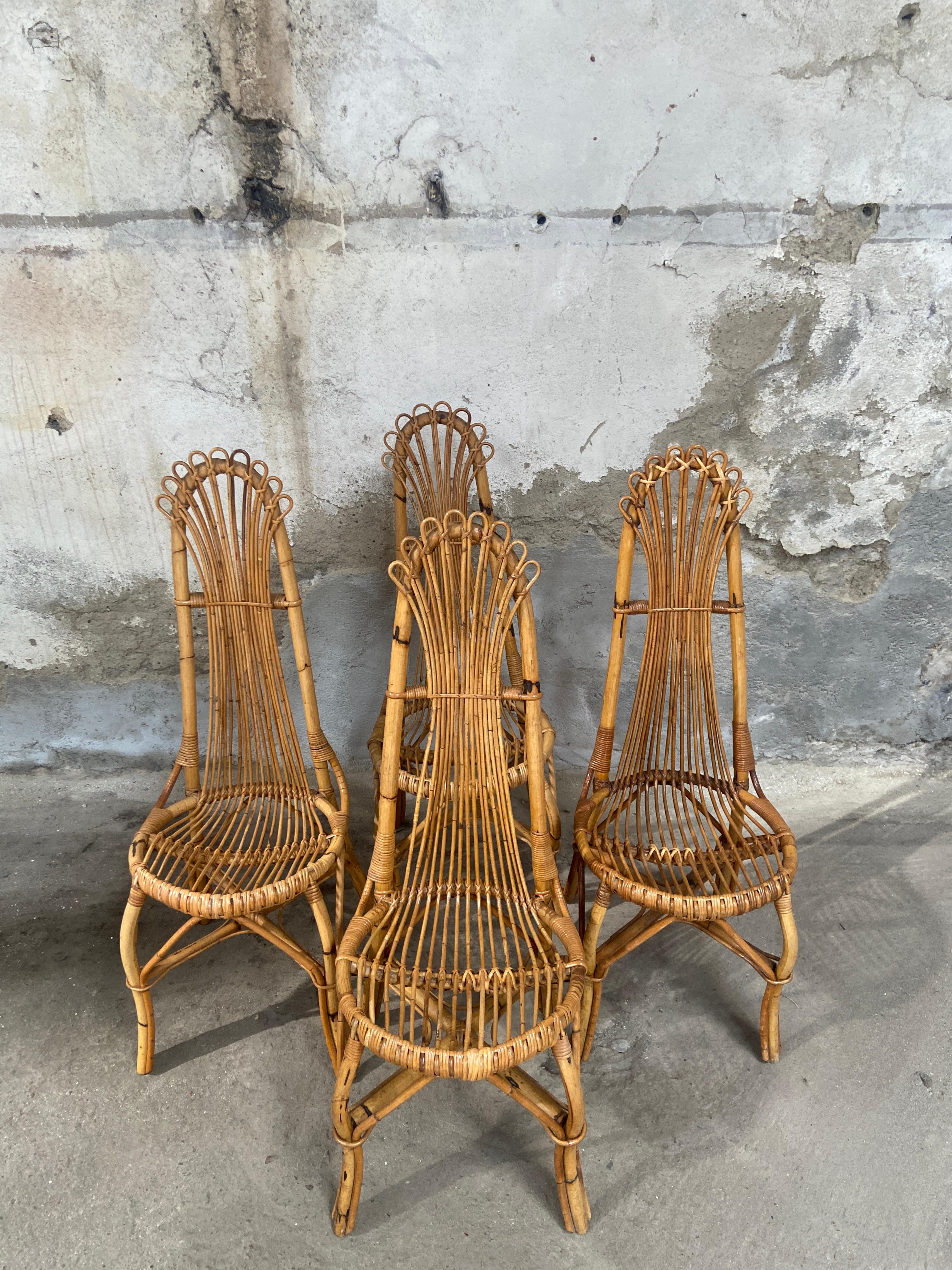 Mid-Century Modern Set of 4 Bamboo Chairs from the French Riviera, 1970s 2