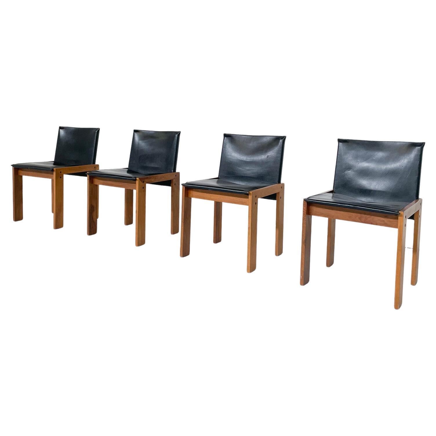 Mid-Century Modern Set of 4 Chairs in the Style of Scarpa, Wood and Leather 