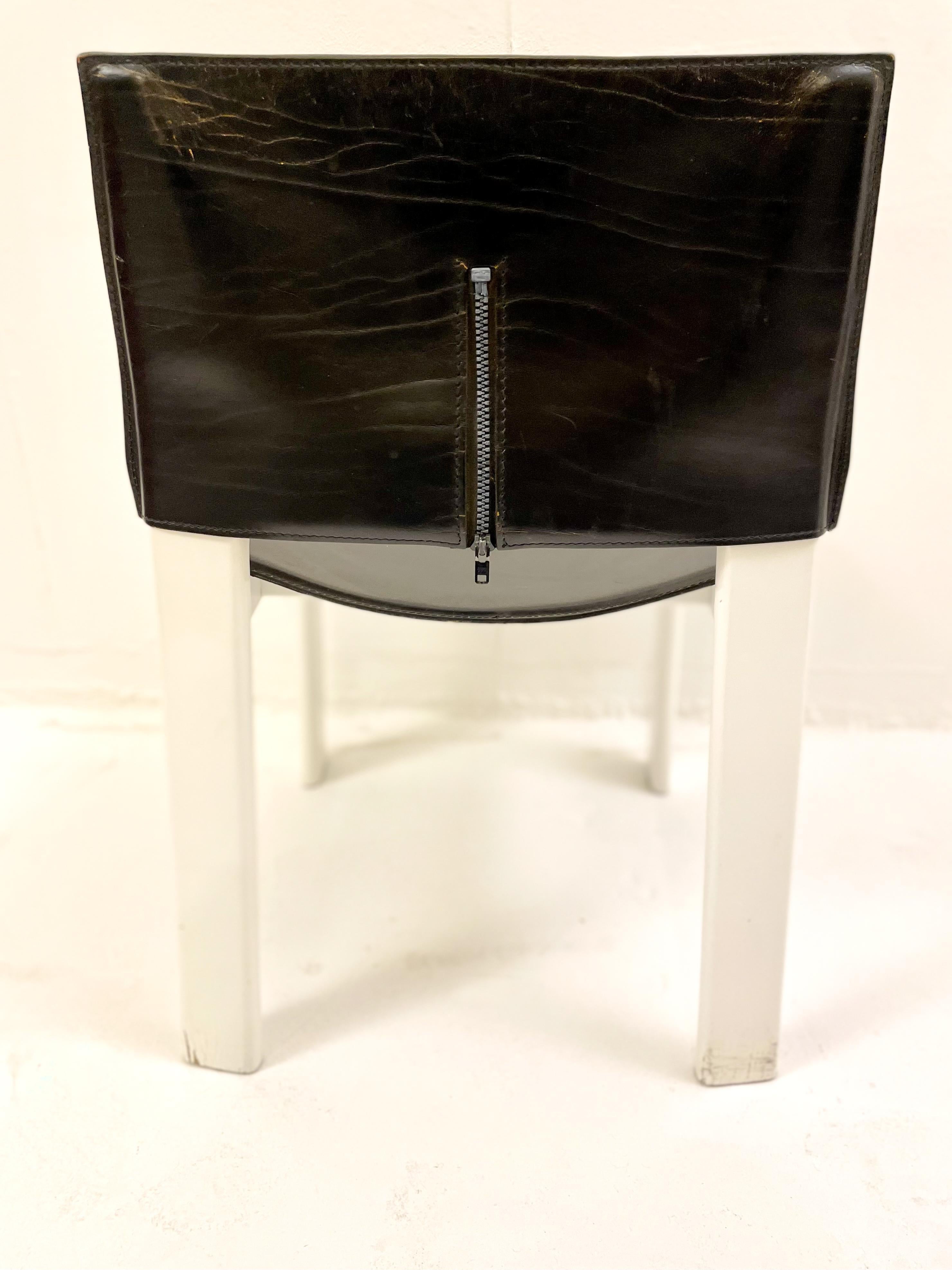 Mid-Century Modern set of 4 chairs, white wood and black leather, Italy, 1970s.