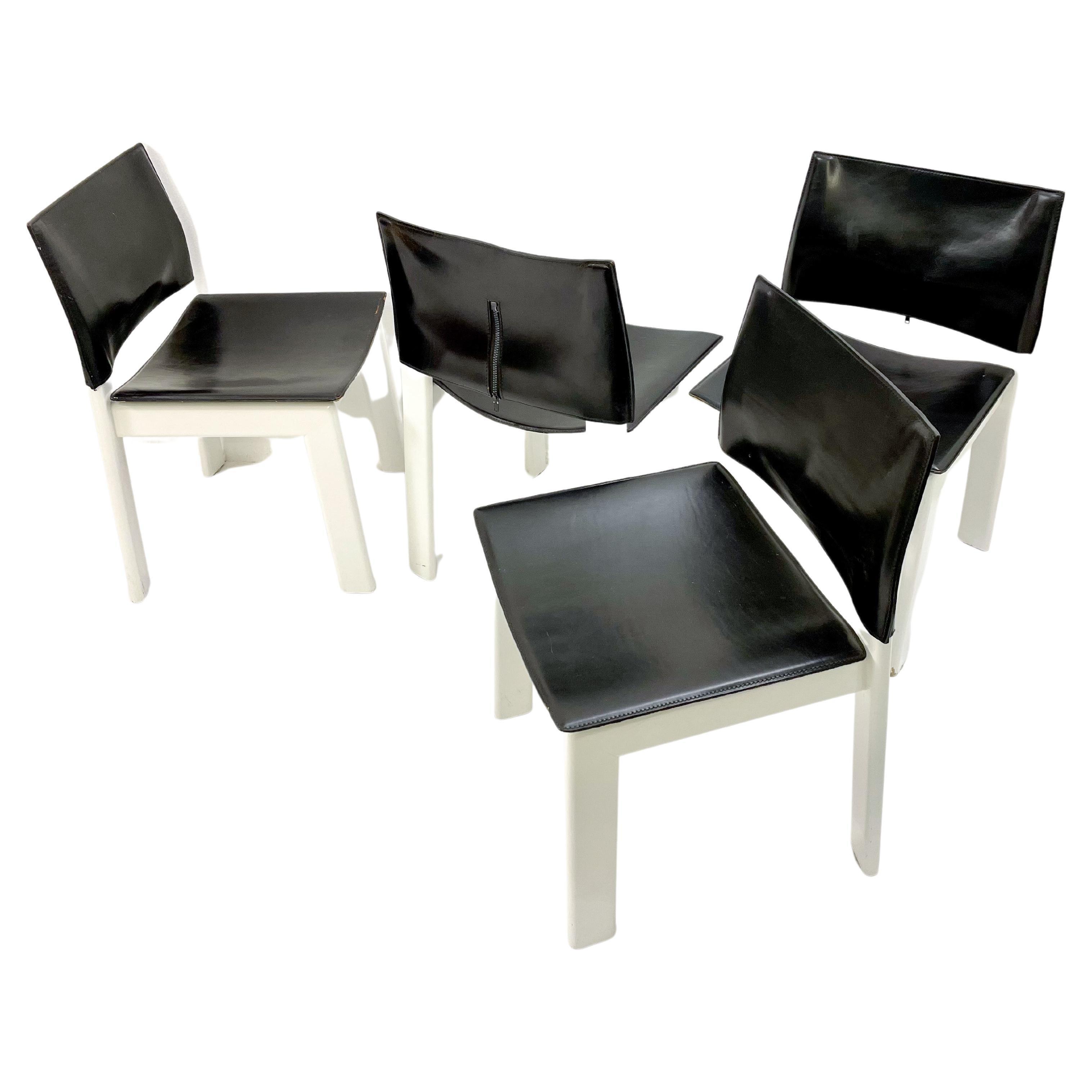 Mid-Century Modern Set of 4 Chairs, White Wood and Black Leather, Italy, 1970s For Sale