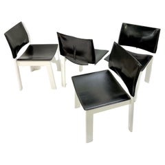 Mid-Century Modern Set of 4 Chairs, White Wood and Black Leather, Italy, 1970s