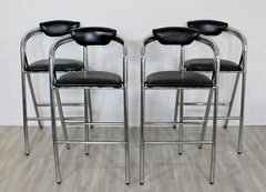 Mid-Century Modern Set of 4 Chrome & Black Leather Bar Stools Industrial, 1970s