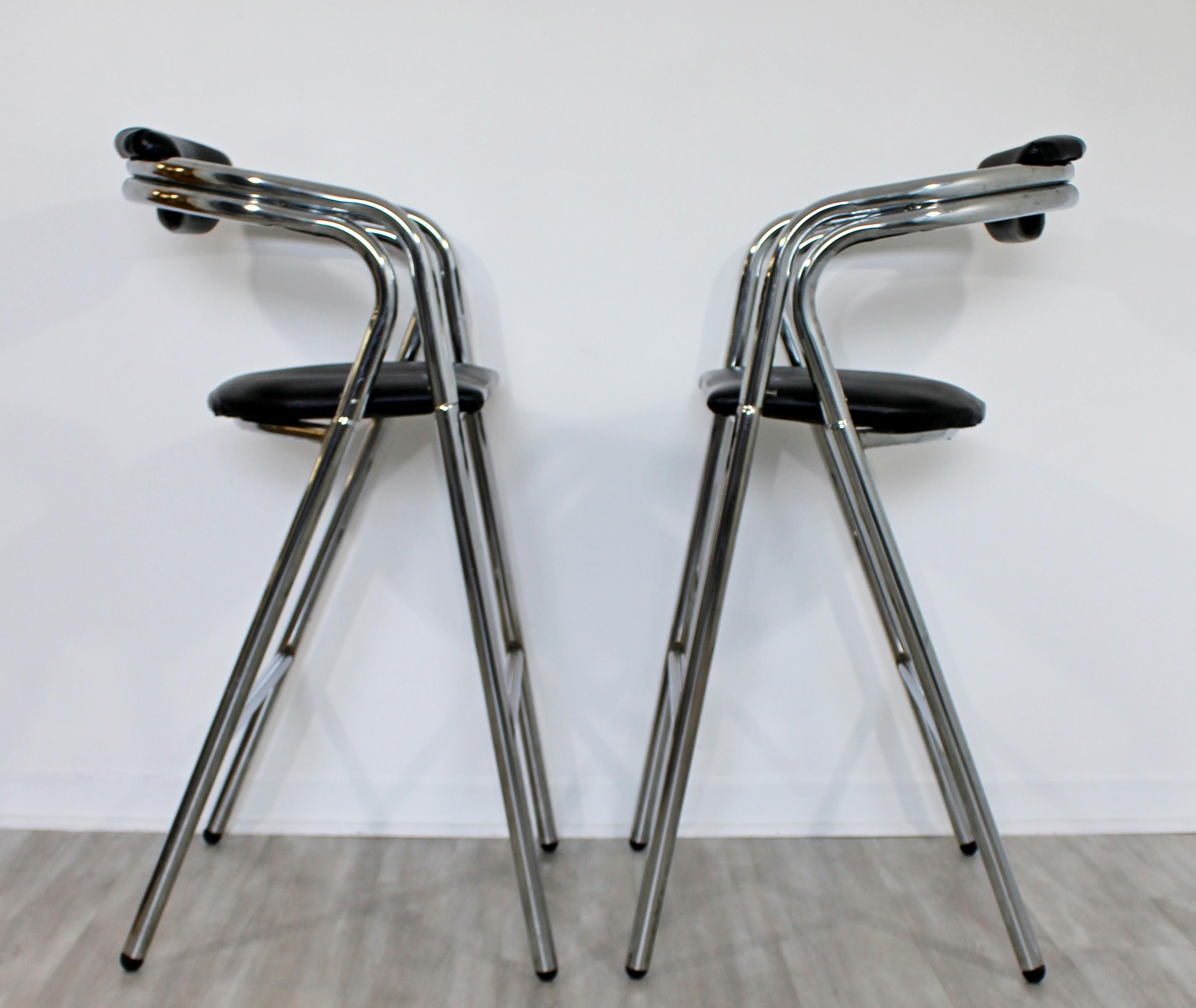 Late 20th Century Mid-Century Modern Set of 4 Chrome & Black Leather Bar Stools Industrial, 1970s
