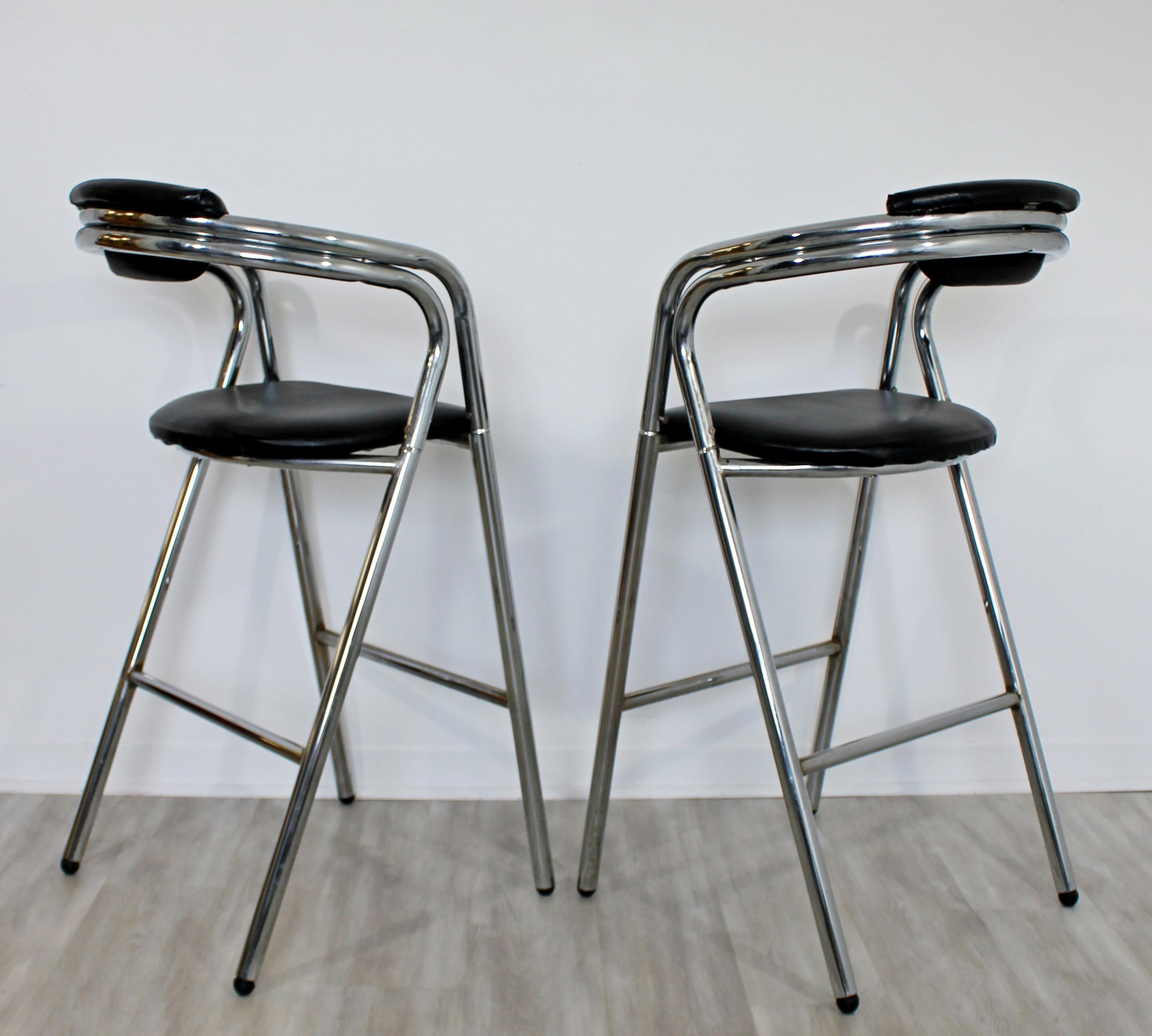 Mid-Century Modern Set of 4 Chrome & Black Leather Bar Stools Industrial, 1970s 1