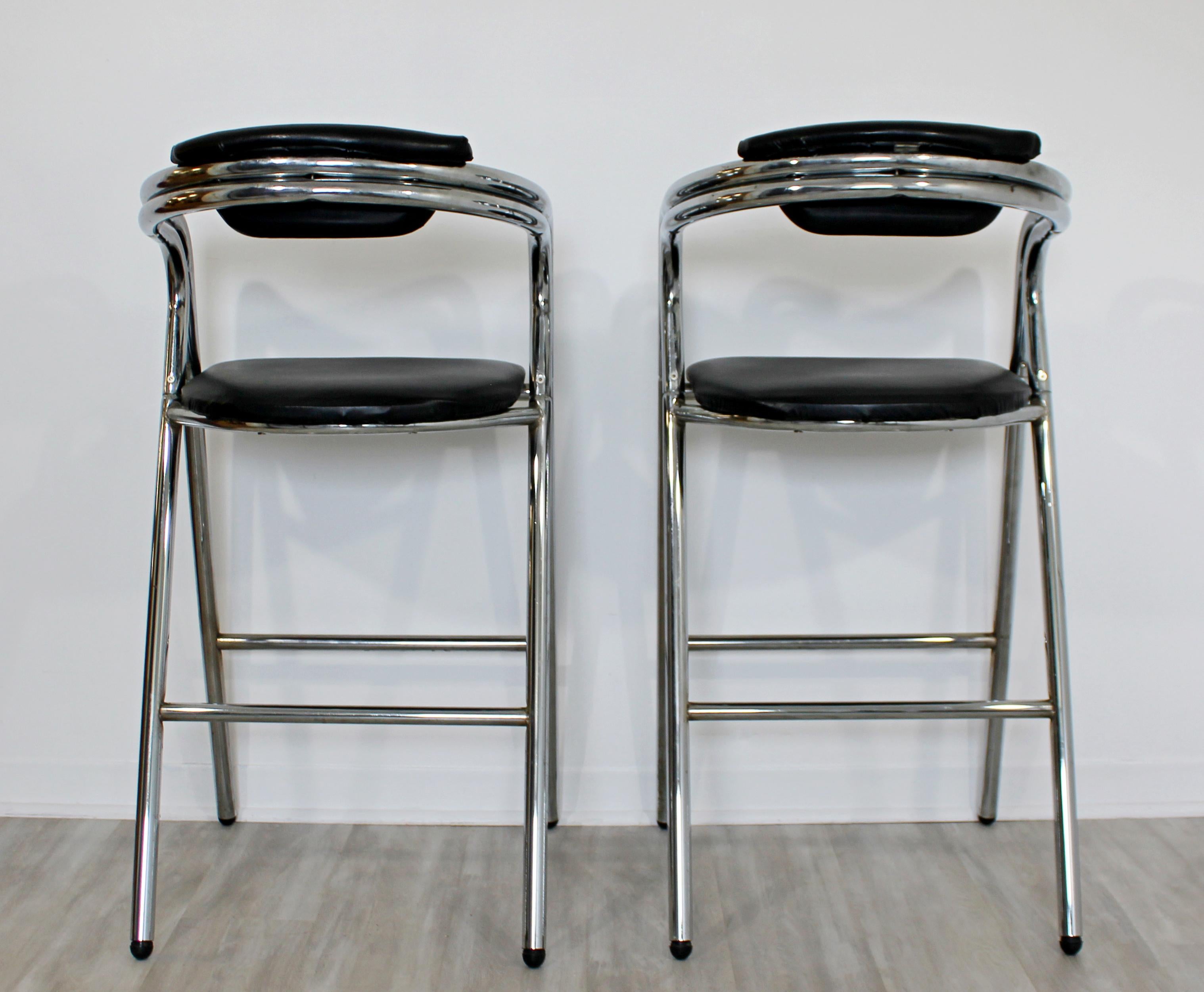 Mid-Century Modern Set of 4 Chrome & Black Leather Bar Stools Industrial, 1970s 2