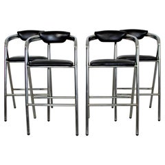 Mid-Century Modern Set of 4 Chrome & Black Leather Bar Stools Industrial, 1970s