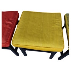 Mid-Century Modern Set of 3 Ebonized Stools with Silk Upholstery