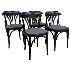 Mid-Century Modern Set of 4 French Bistro Chairs in Black Painted Wood. 1960s