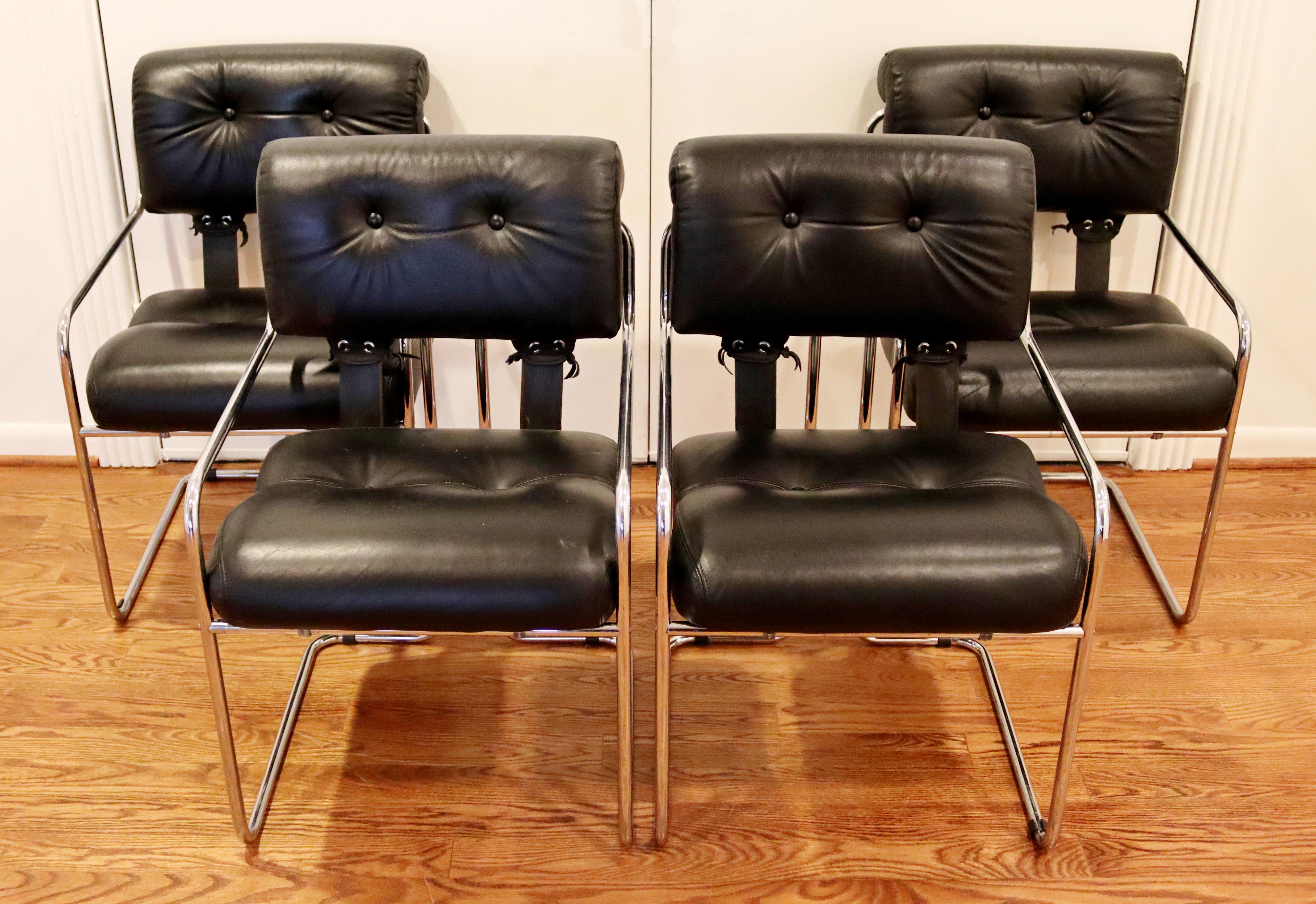 For your consideration is a beautiful set of four, chrome and black Pace Tucoma black, tufted dining armchairs, circa the 1970s. In very good vintage condition. The dimensions are 20.5