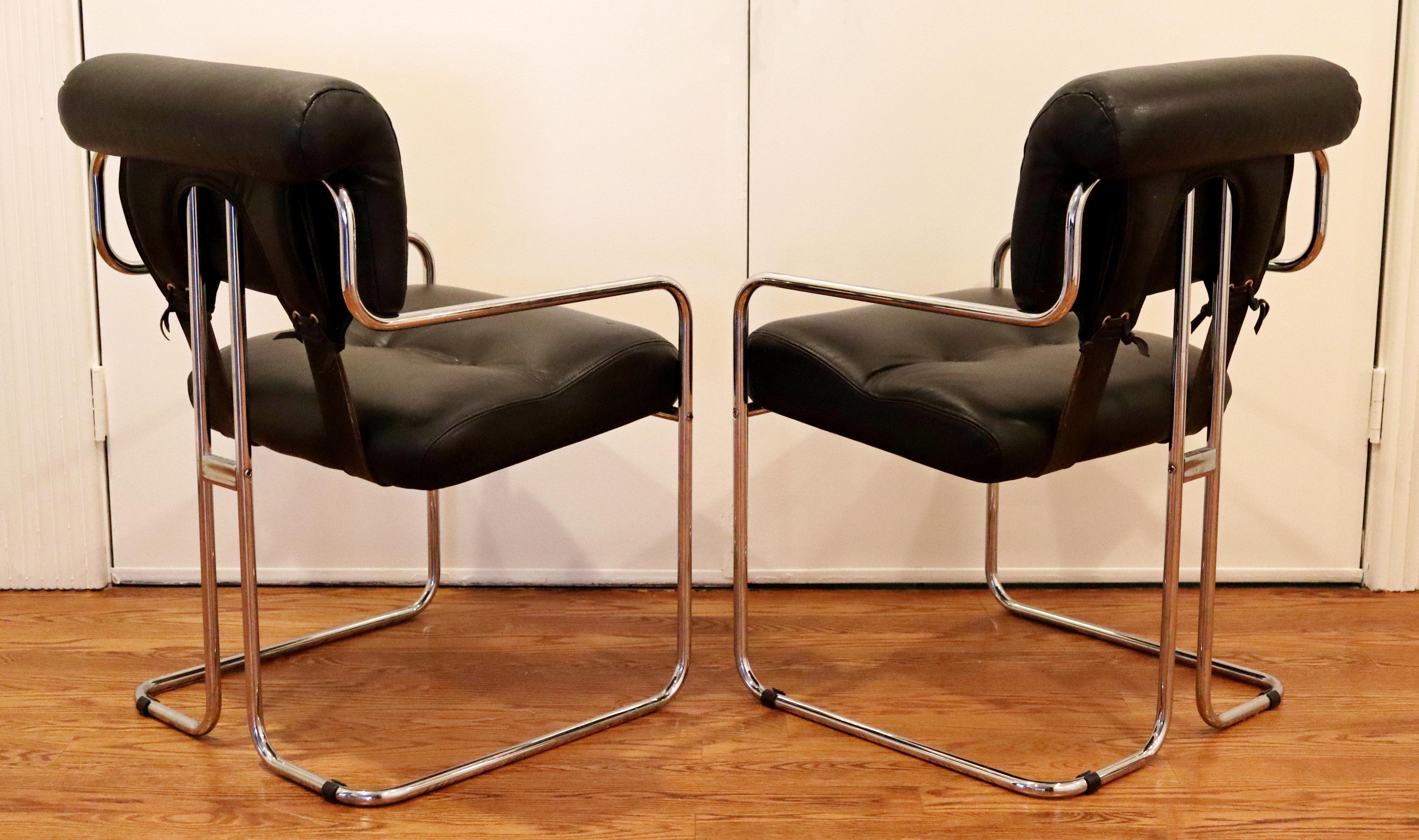 Chrome Mid-Century Modern Set of 4 Pace Tucoma Black Leather Dining Armchairs, 1970s