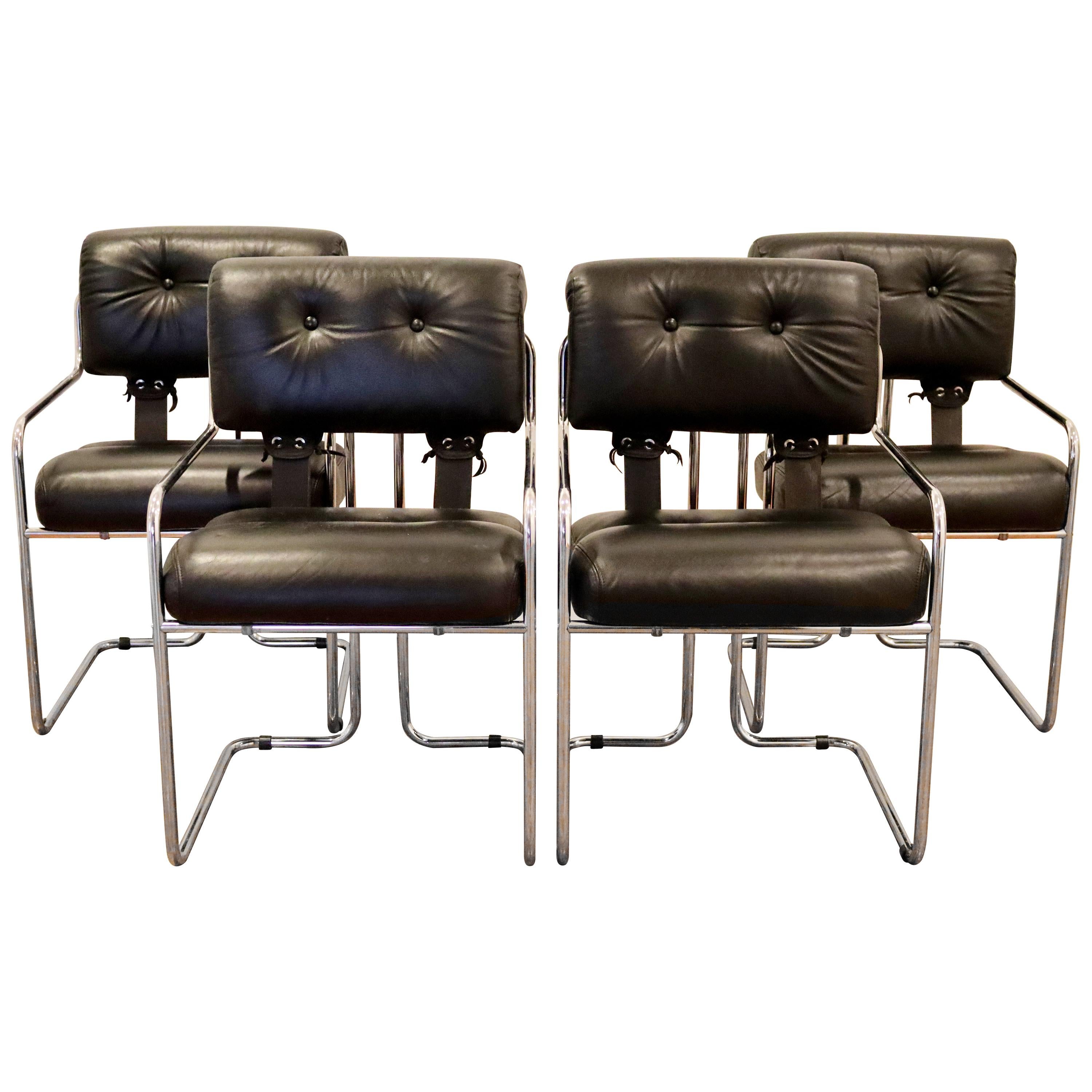 Mid-Century Modern Set of 4 Pace Tucoma Black Leather Dining Armchairs, 1970s