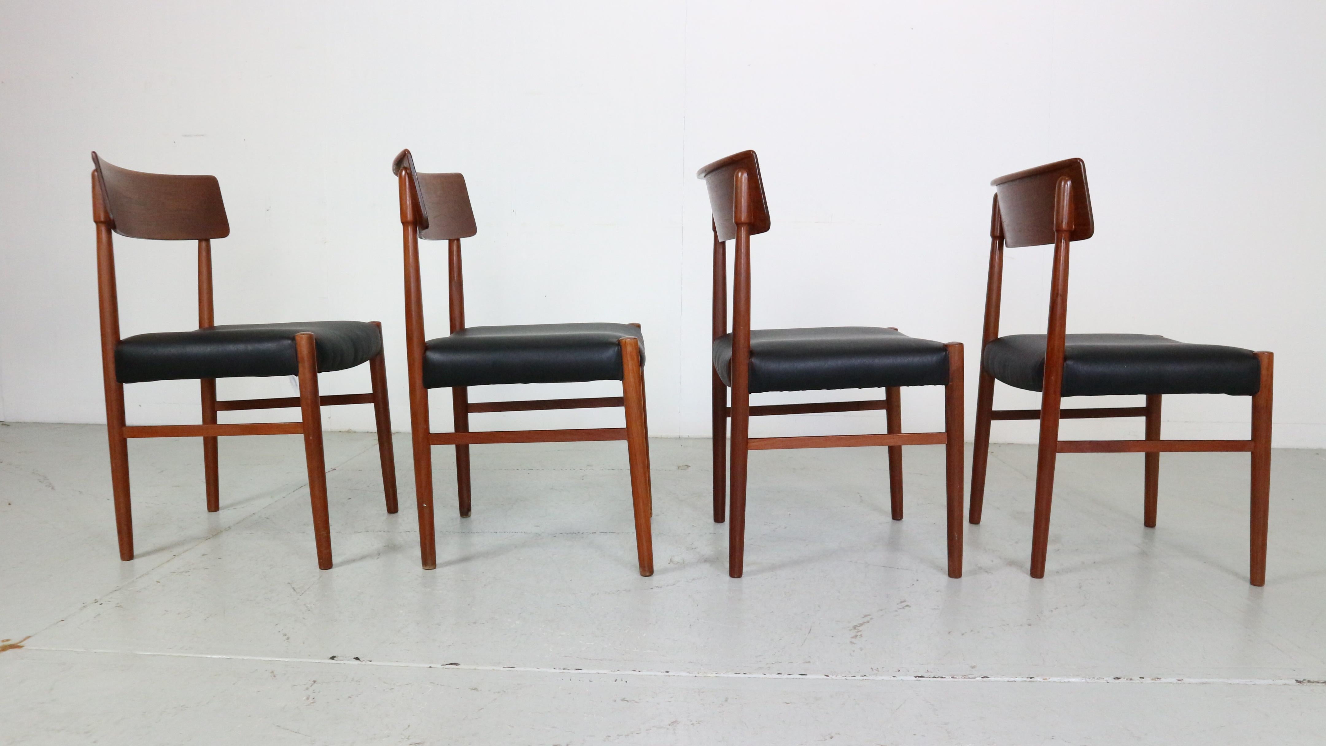 Faux Leather Mid-Century Modern Set of 4 Teak Dinning Room Chairs, 1960 Denmark For Sale