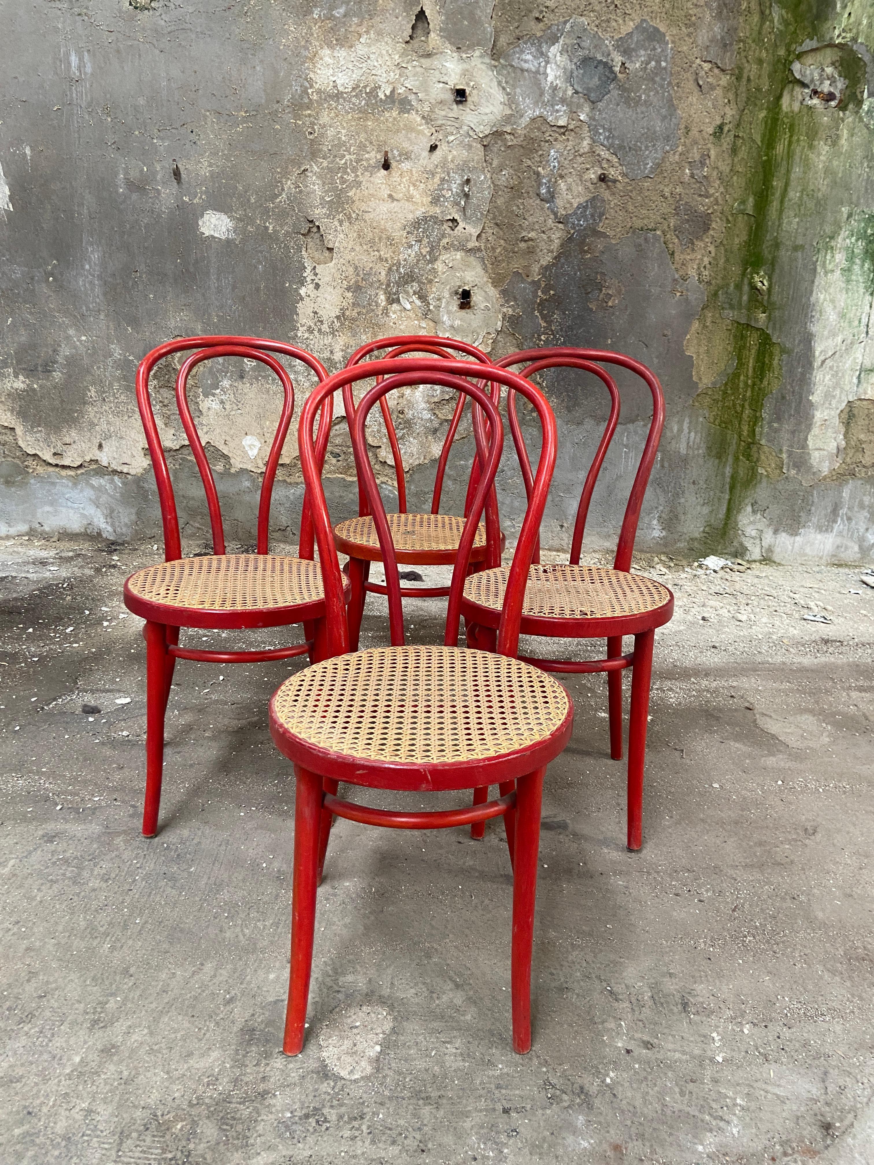 This no.18 chair was designed by Gebrüder Thonet around 1875 and was one of the most popular chairs of Thonet. This set of 4 chairs was manufactured by ZPM Radomsko in the 1960s. They are numbered and got aZPM Radomsko label underneath the seat. The