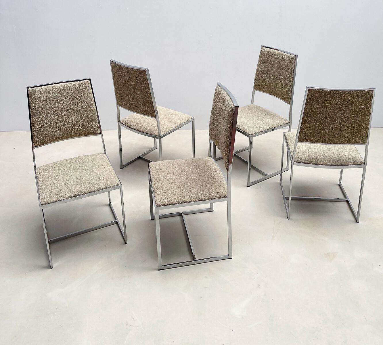 Late 20th Century Mid-Century Modern Set of 5 Chairs Willy Rizzo Style, Chrome and Boucle Fabric For Sale