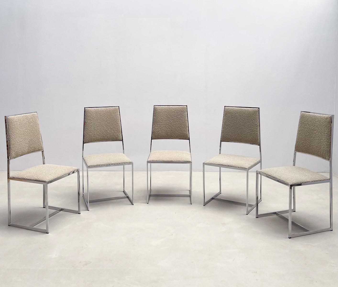 Mid-Century Modern Set of 5 Chairs Willy Rizzo Style, Chrome and Boucle Fabric For Sale 1