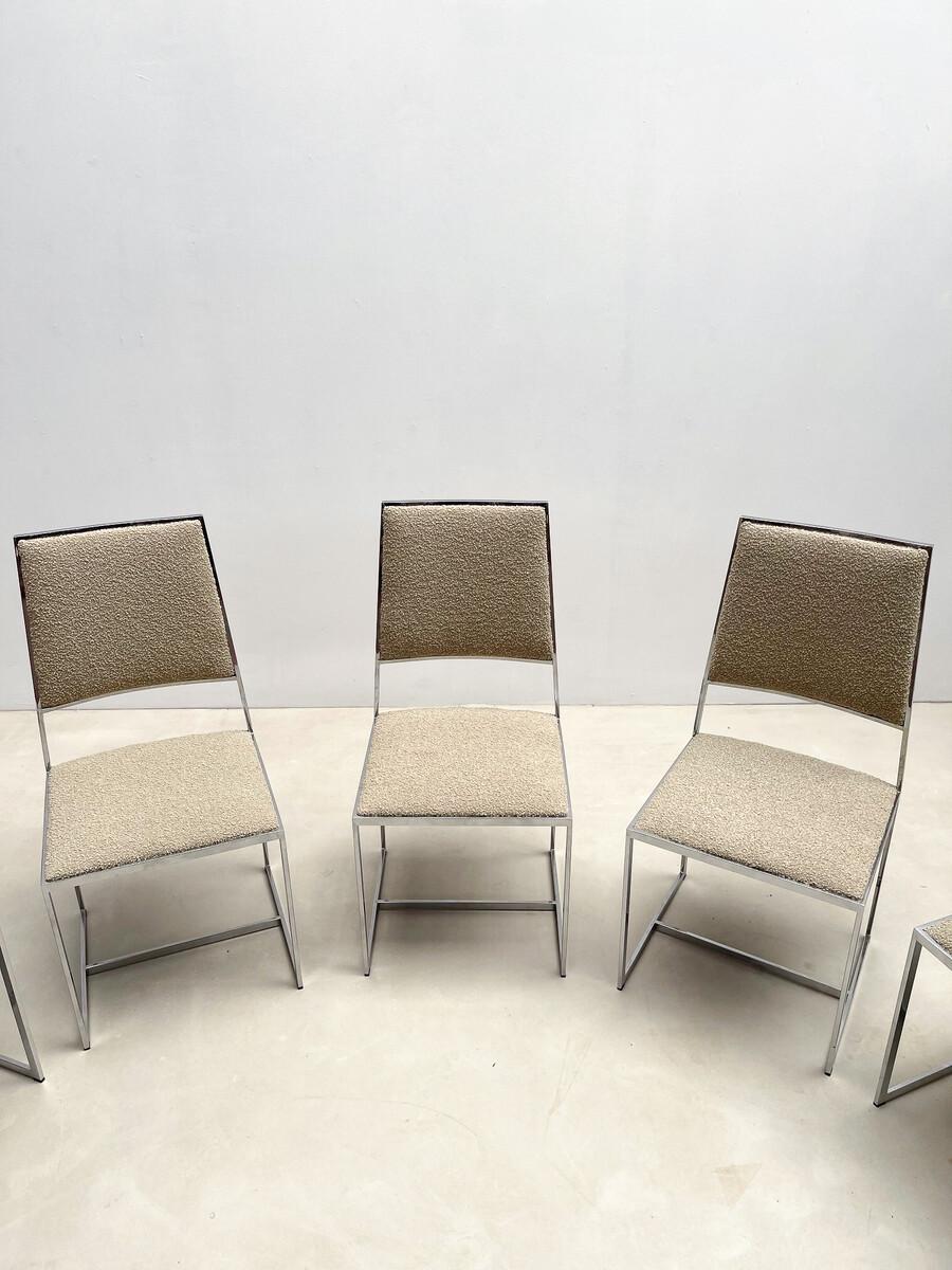 Mid-Century Modern Set of 5 Chairs Willy Rizzo Style, Chrome and Boucle Fabric For Sale 4