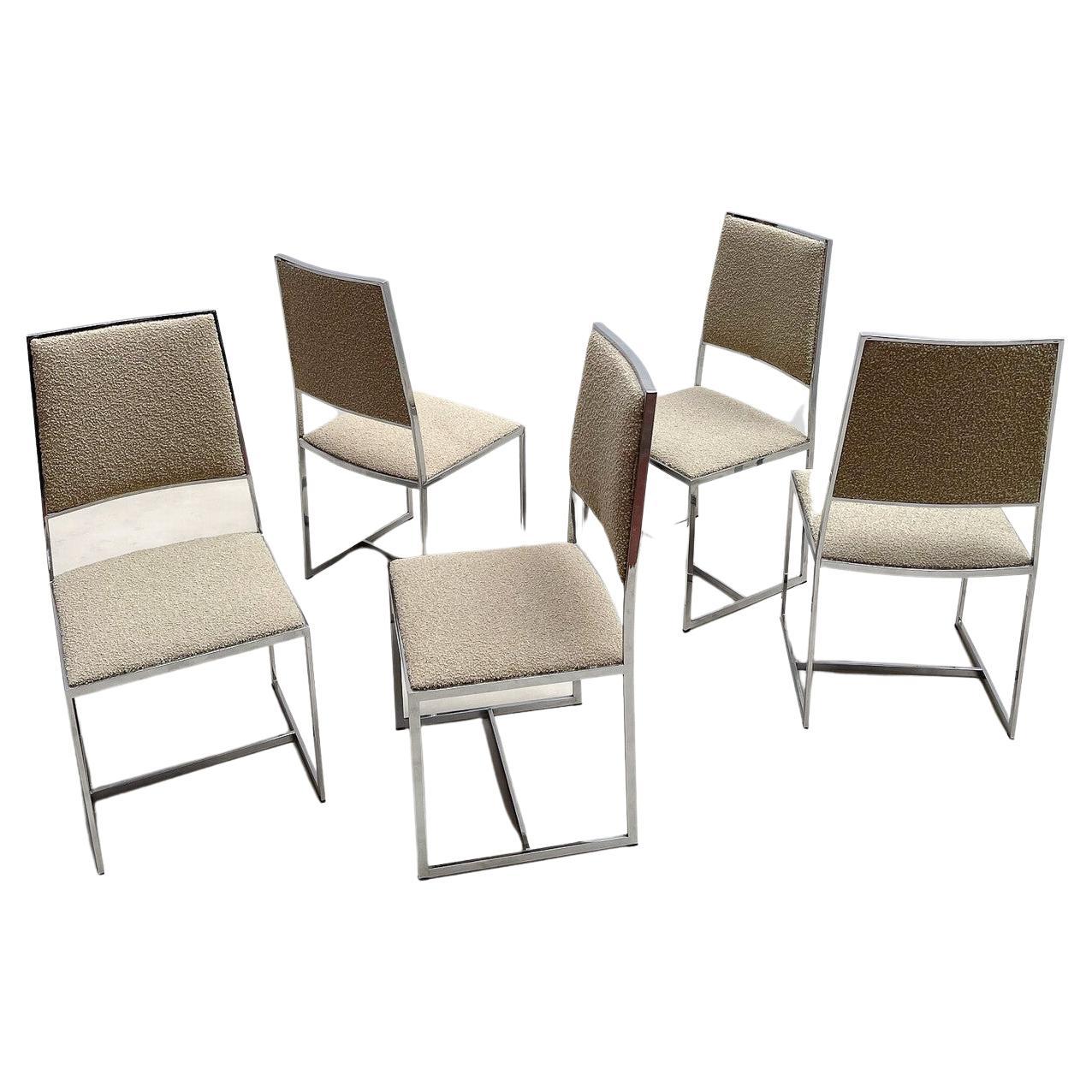 Mid-Century Modern Set of 5 Chairs Willy Rizzo Style, Chrome and Boucle Fabric For Sale