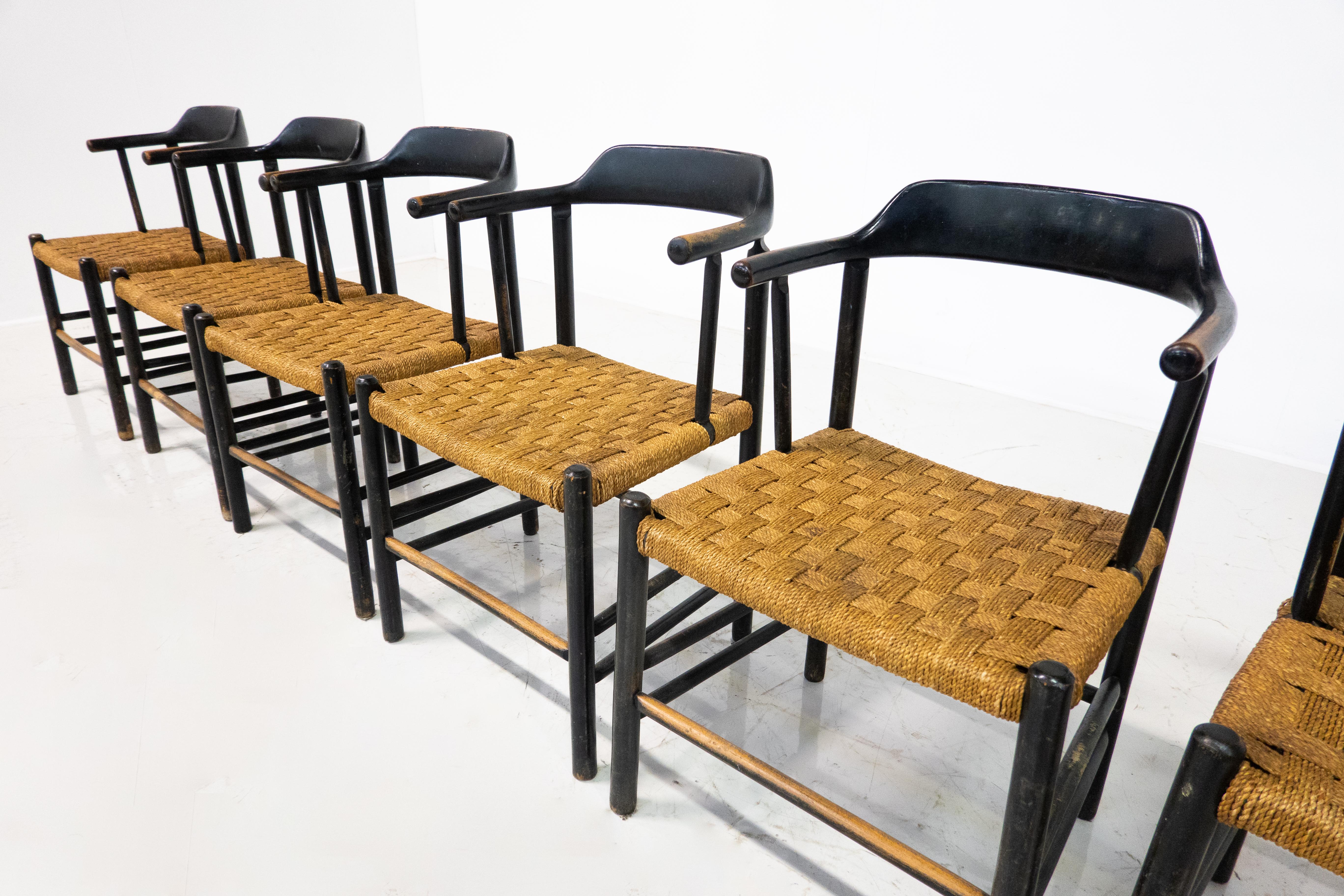 Wood Mid-Century Modern Set of 6 Armchairs, Italy, 1960s For Sale