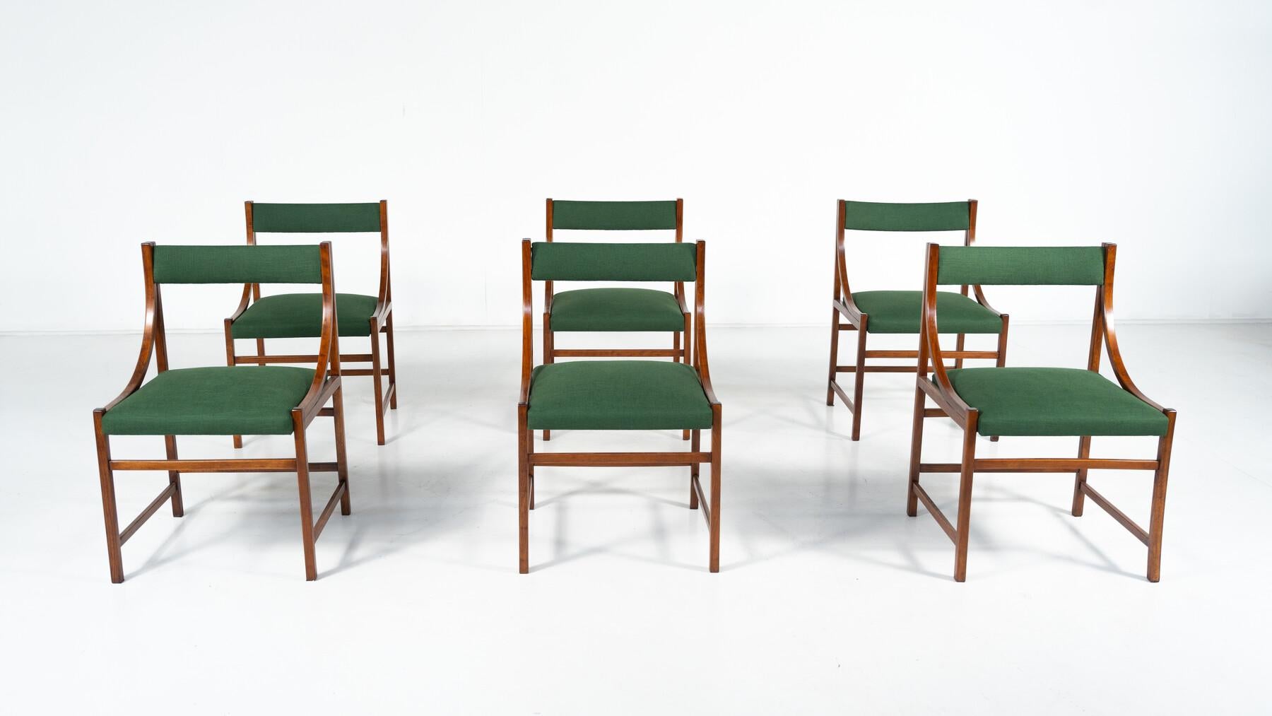 italien Ensemble de 6 fauteuils, bois et tissu, Italie, années 1960 en vente