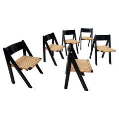 Ensemble de 6 chaises en bois noir et corde:: Italie:: années 60